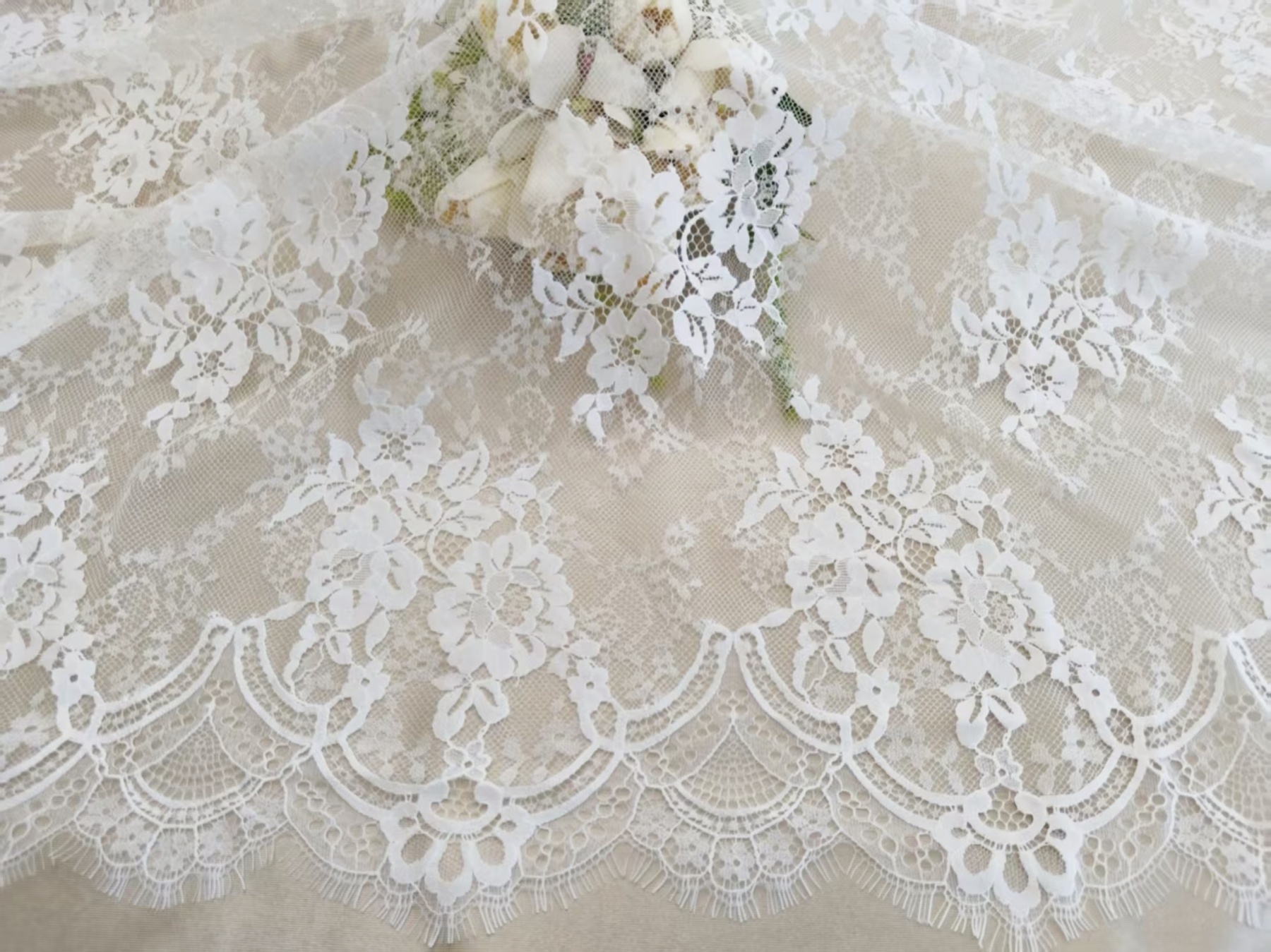 French Eyelash Lace Fabric – 300CM Long & 150CM Wide Per Piece! Embroidered Floral Design for Wedding Dresses, Garment DIY, Decor & Crafts