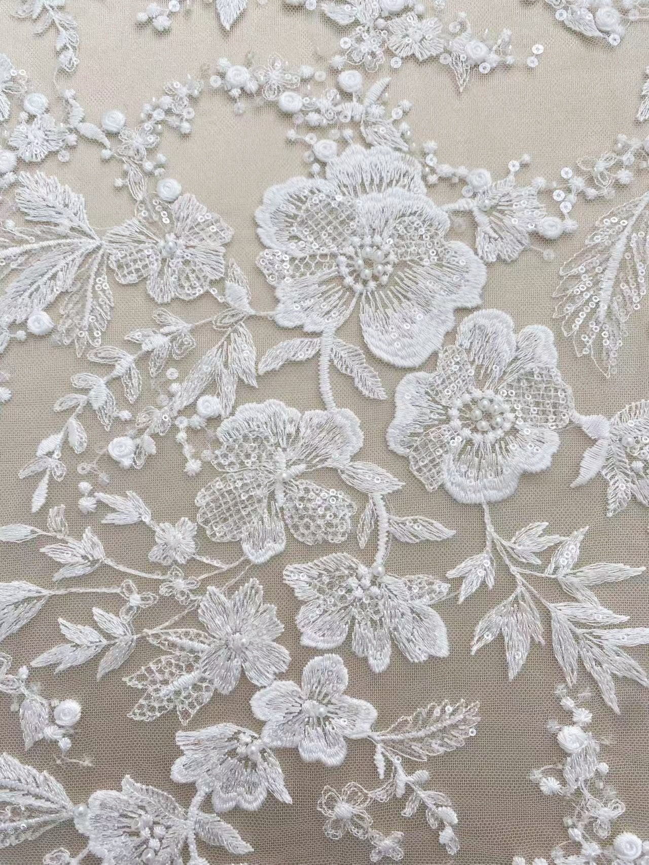 Ivory Floral Embroidered Lace Fabric with Sequins, Large Flower Mesh Lace for Wedding Dress, Bridal Gown, Flower Girl Dress