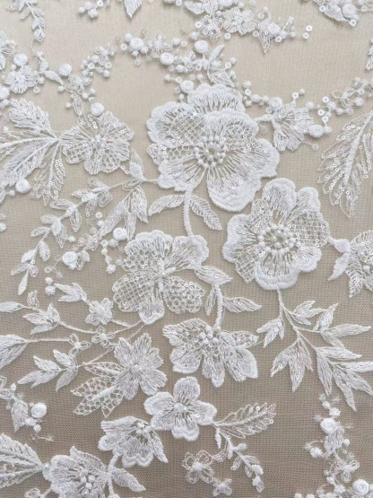 Ivory Floral Embroidered Lace Fabric with Sequins, Large Flower Mesh Lace for Wedding Dress, Bridal Gown, Flower Girl Dress