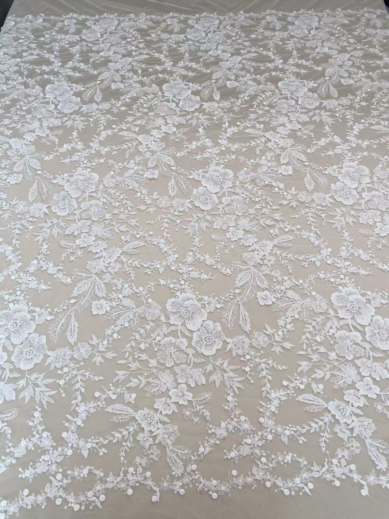 Ivory Floral Embroidered Lace Fabric with Sequins, Large Flower Mesh Lace for Wedding Dress, Bridal Gown, Flower Girl Dress