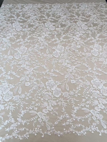 Ivory Floral Embroidered Lace Fabric with Sequins, Large Flower Mesh Lace for Wedding Dress, Bridal Gown, Flower Girl Dress