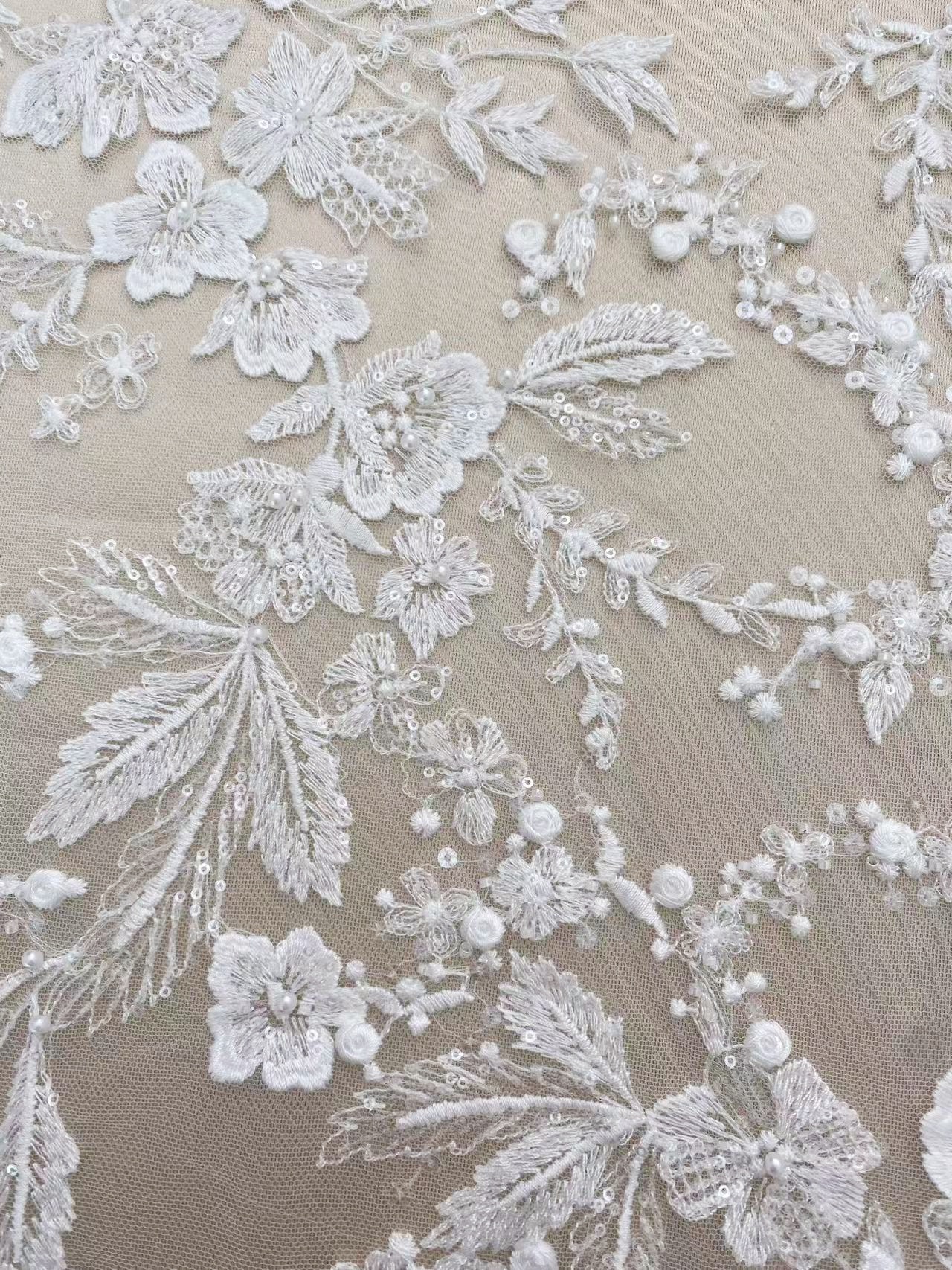 Ivory Floral Embroidered Lace Fabric with Sequins, Large Flower Mesh Lace for Wedding Dress, Bridal Gown, Flower Girl Dress