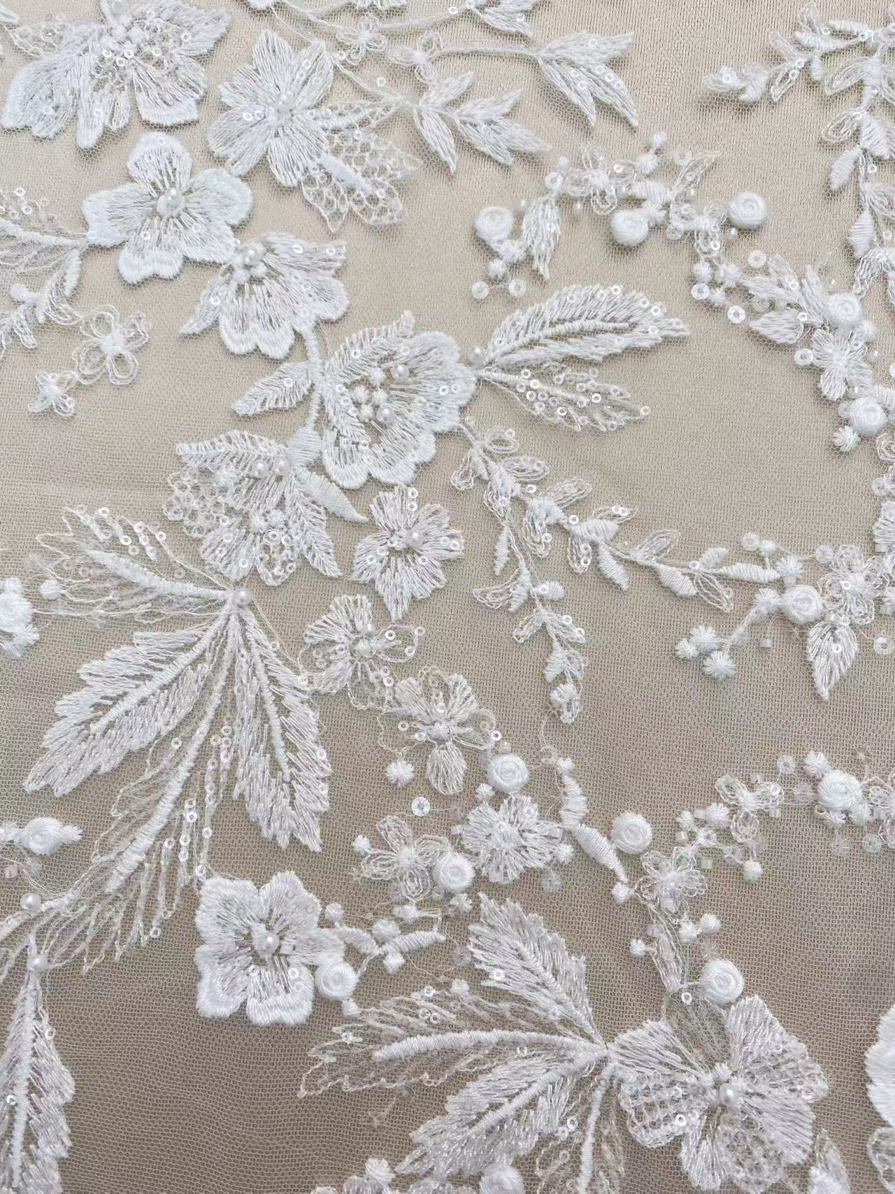 Ivory Floral Embroidered Lace Fabric with Sequins, Large Flower Mesh Lace for Wedding Dress, Bridal Gown, Flower Girl Dress