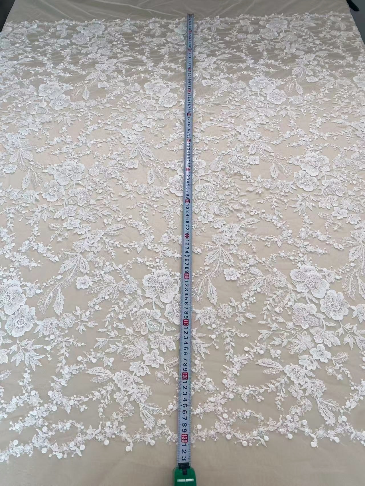 Ivory Floral Embroidered Lace Fabric with Sequins, Large Flower Mesh Lace for Wedding Dress, Bridal Gown, Flower Girl Dress