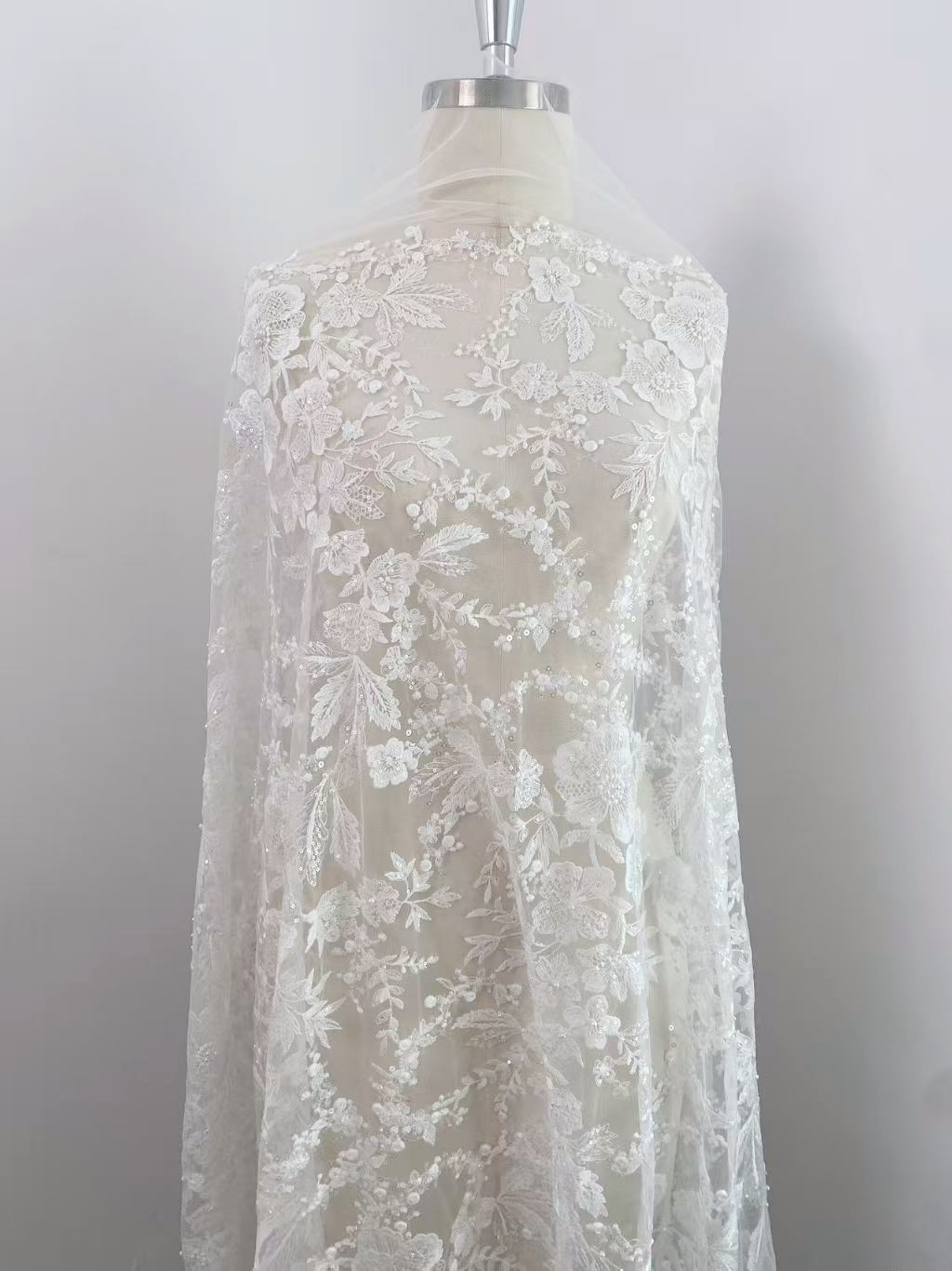 Ivory Floral Embroidered Lace Fabric with Sequins, Large Flower Mesh Lace for Wedding Dress, Bridal Gown, Flower Girl Dress