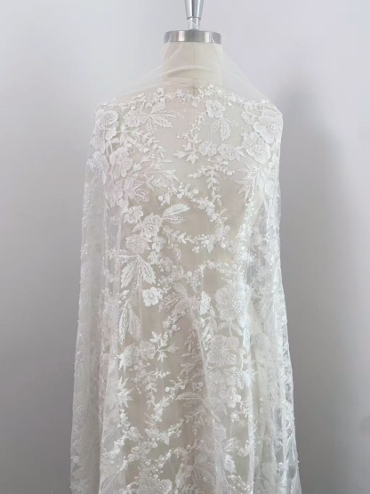 Ivory Floral Embroidered Lace Fabric with Sequins, Large Flower Mesh Lace for Wedding Dress, Bridal Gown, Flower Girl Dress