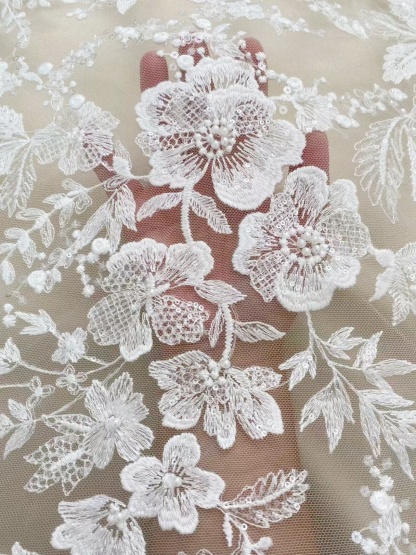 Ivory Floral Embroidered Lace Fabric with Sequins, Large Flower Mesh Lace for Wedding Dress, Bridal Gown, Flower Girl Dress