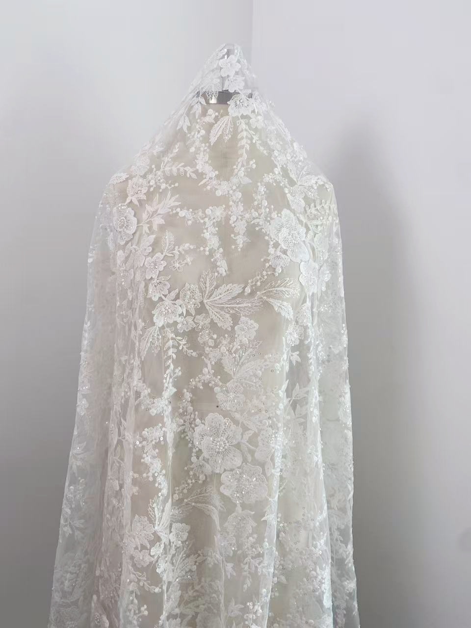 Ivory Floral Embroidered Lace Fabric with Sequins, Large Flower Mesh Lace for Wedding Dress, Bridal Gown, Flower Girl Dress