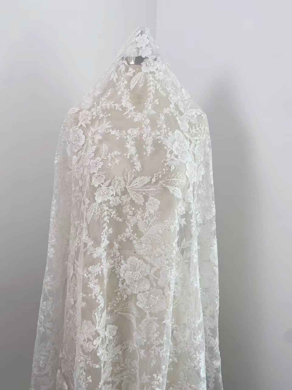 Ivory Floral Embroidered Lace Fabric with Sequins, Large Flower Mesh Lace for Wedding Dress, Bridal Gown, Flower Girl Dress