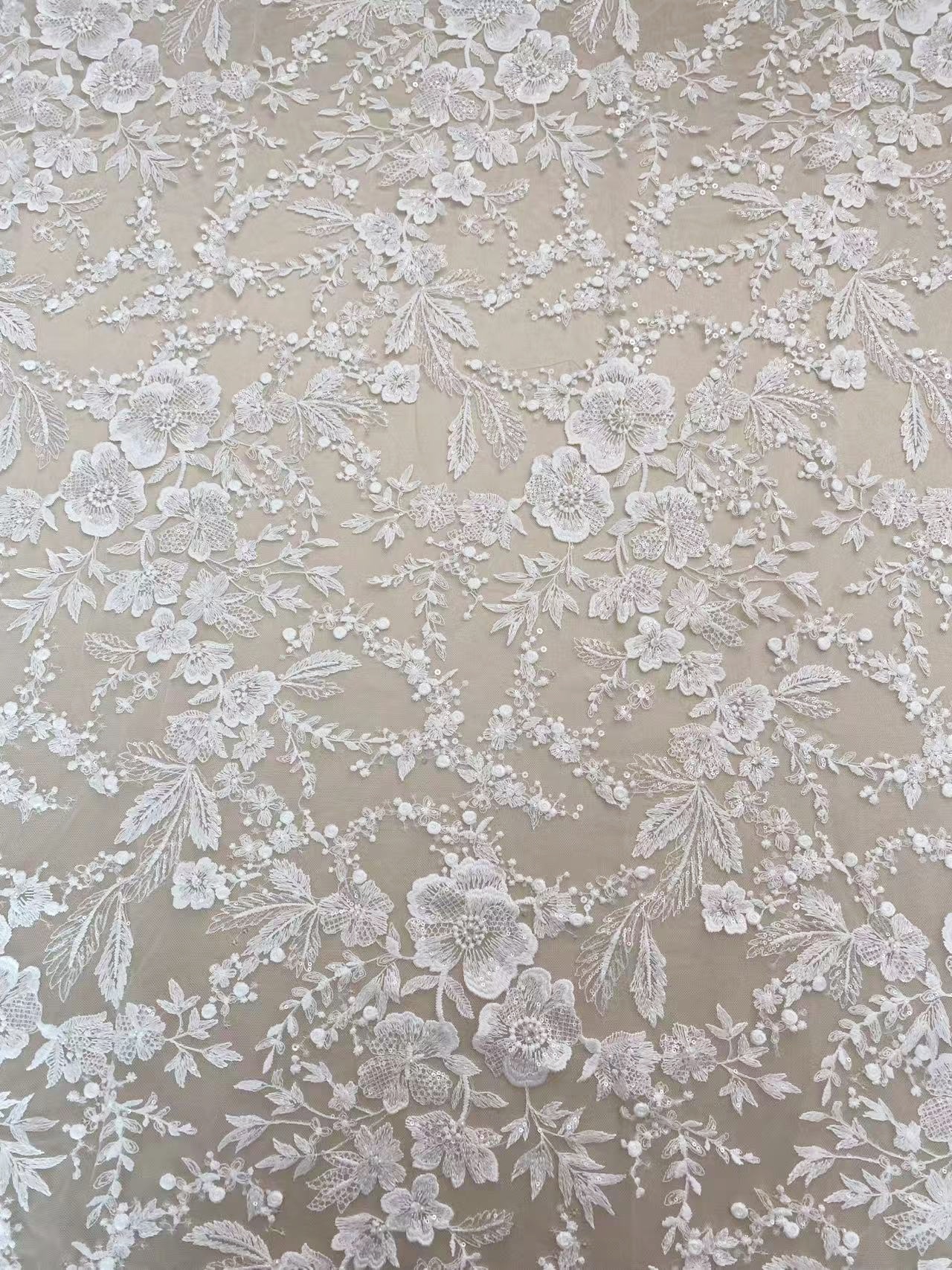 Ivory Floral Embroidered Lace Fabric with Sequins, Large Flower Mesh Lace for Wedding Dress, Bridal Gown, Flower Girl Dress