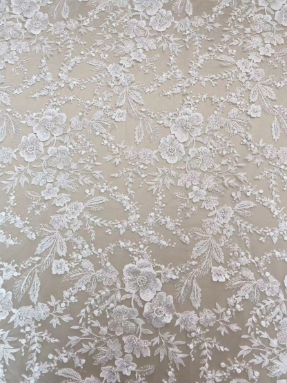 Ivory Floral Embroidered Lace Fabric with Sequins, Large Flower Mesh Lace for Wedding Dress, Bridal Gown, Flower Girl Dress