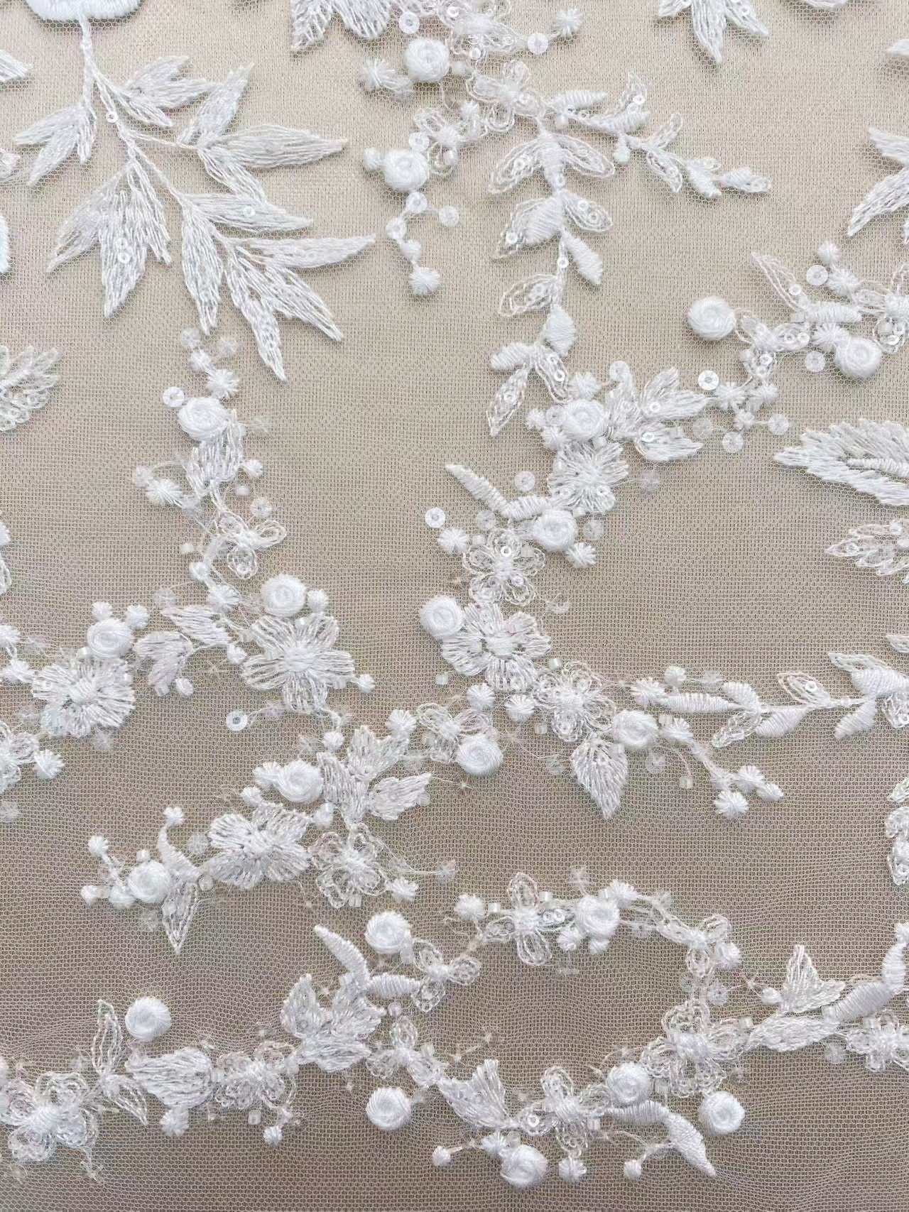 Ivory Floral Embroidered Lace Fabric with Sequins, Large Flower Mesh Lace for Wedding Dress, Bridal Gown, Flower Girl Dress