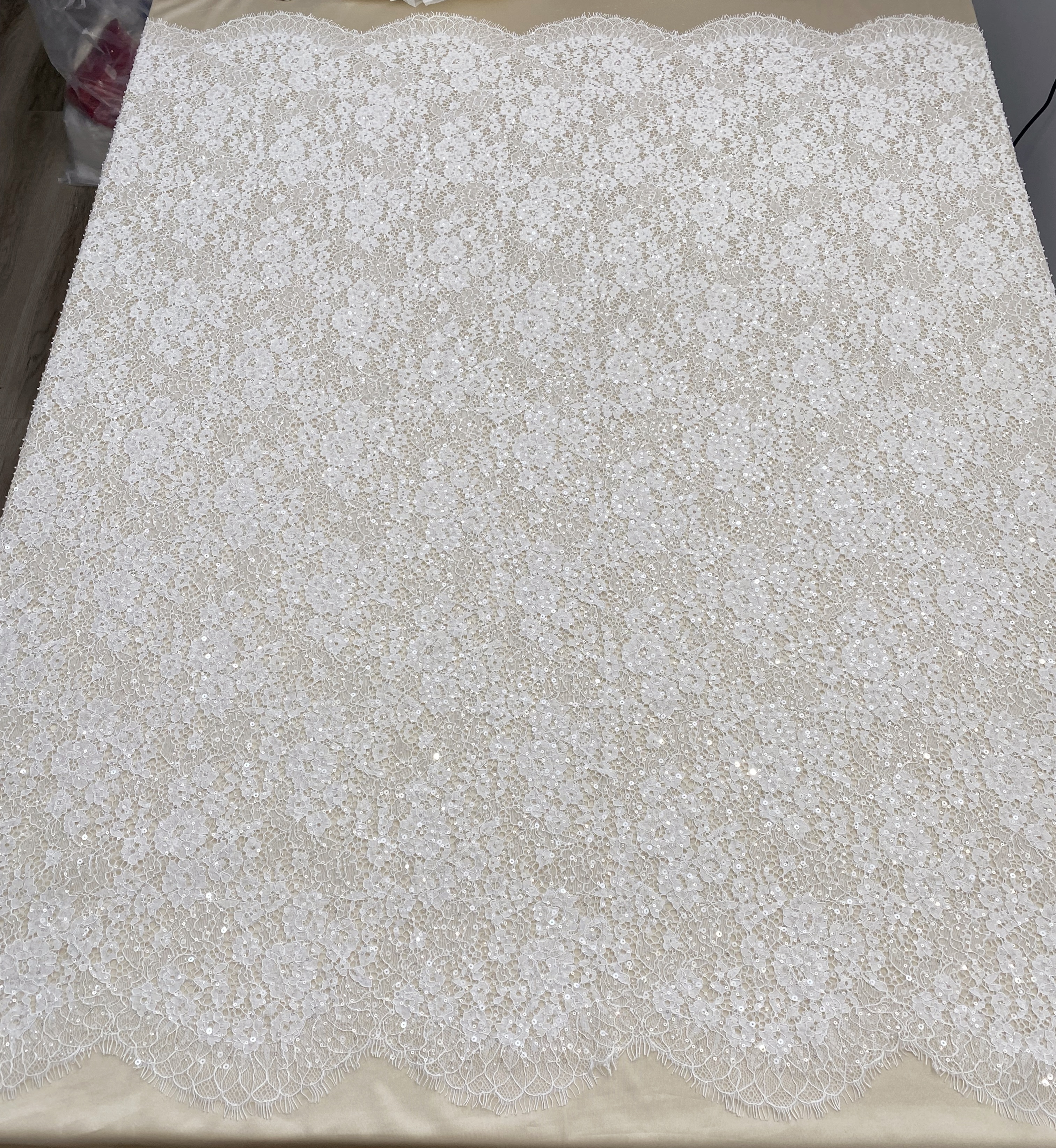 White French Made Beaded Chantilly Lace Fabric Off White Chantilly Lace with Eyelash Fringe Bridal Wedding Gown Material,Sold as 3-Meter Piece