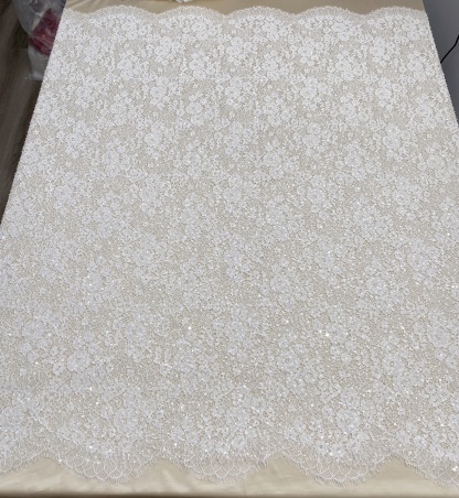 White French Made Beaded Chantilly Lace Fabric Off White Chantilly Lace with Eyelash Fringe Bridal Wedding Gown Material,Sold as 3-Meter Piece