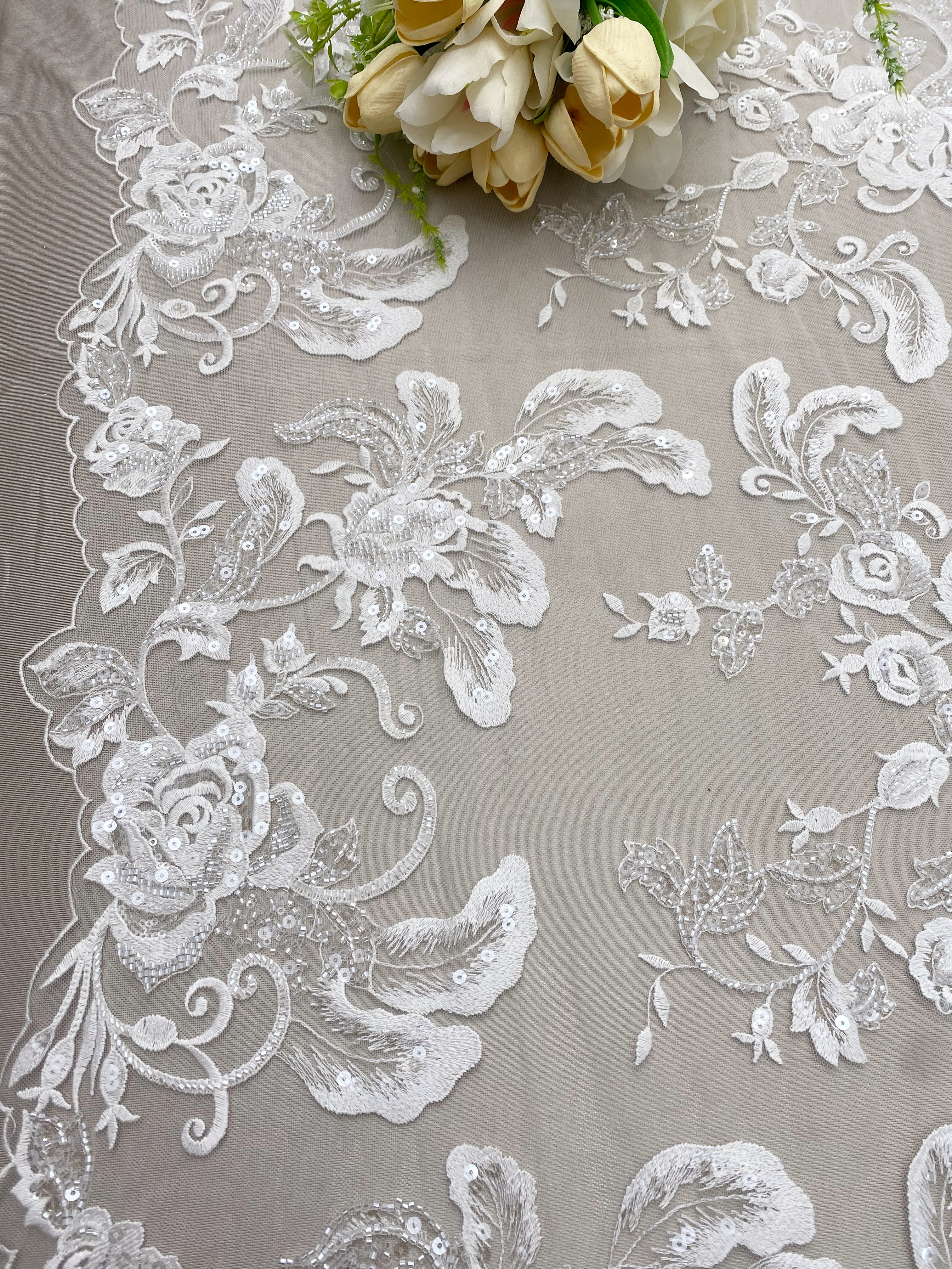 Ivory Floral Embroidered Lace Fabric with Sequins, Large Flower Mesh Lace for Wedding Dress, Bridal Gown, Flower Girl Dress