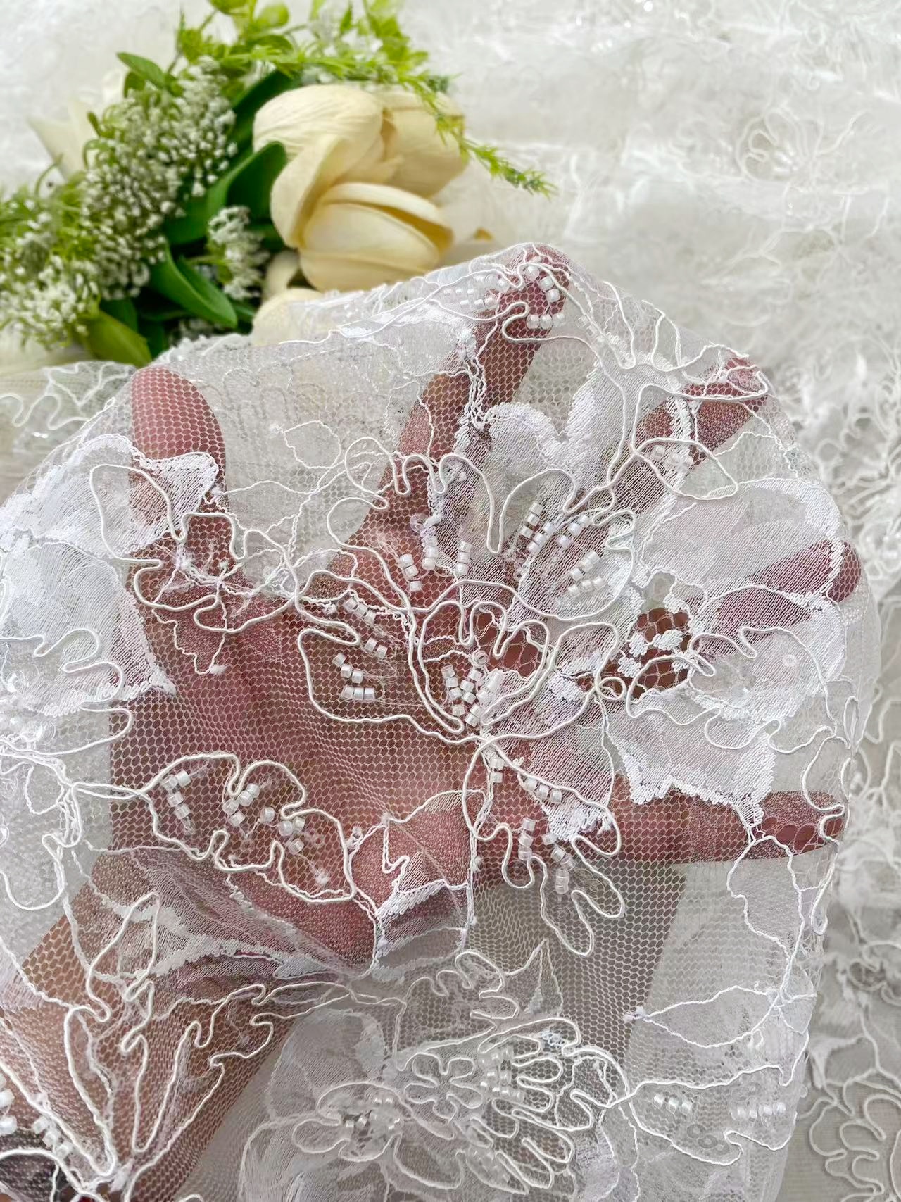 Luxurious Beaded French Chantilly Lace Fabric, Sequin Floral Embroidery Lace for wedding shrugs,bridal gown,Sold by 3 Yard
