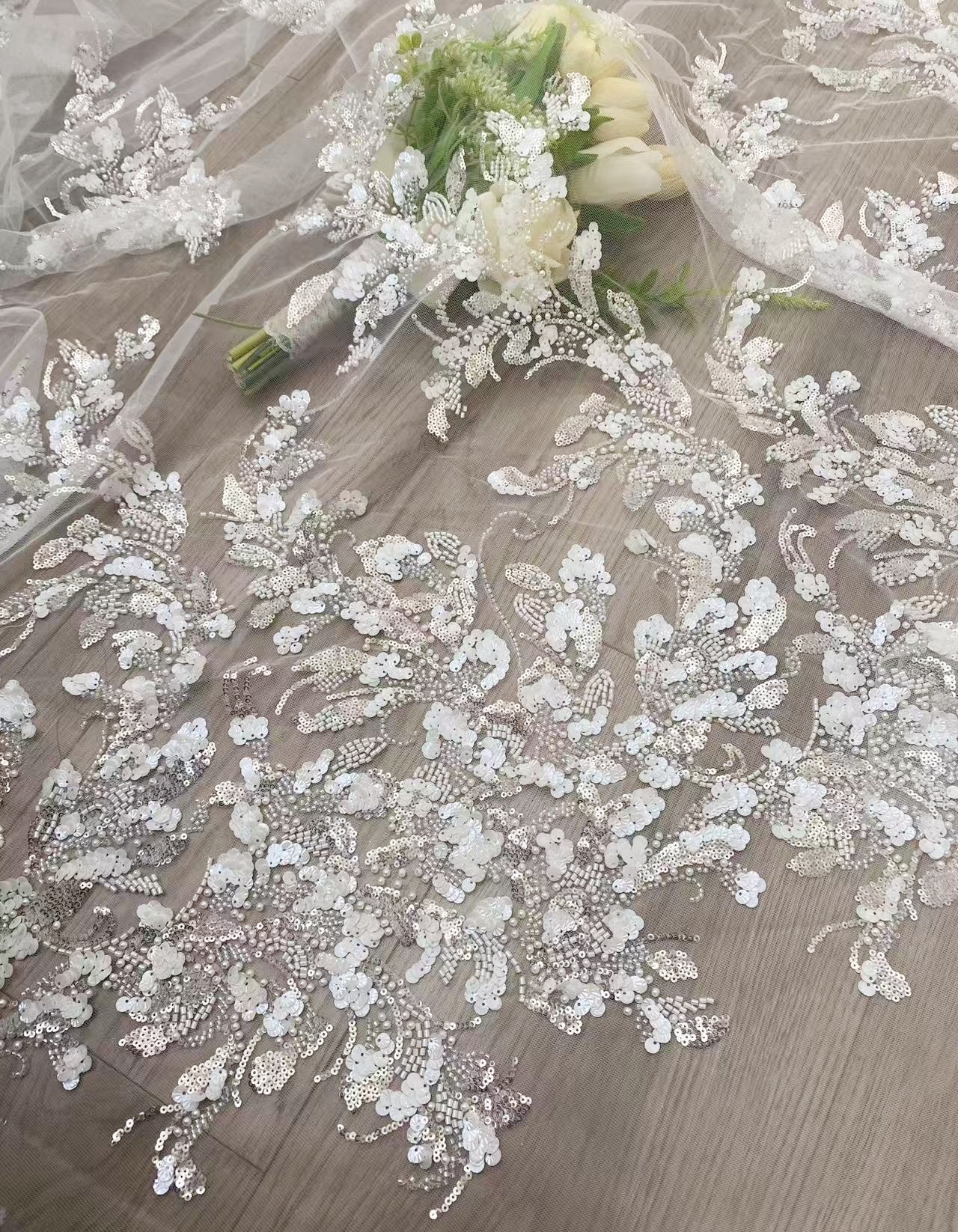 Ivory Lace Fabric with 3D Beaded Embroidery, Pearlescent White Sequins on Soft Tulle for Wedding Dresses, Veils, Capes, Gowns