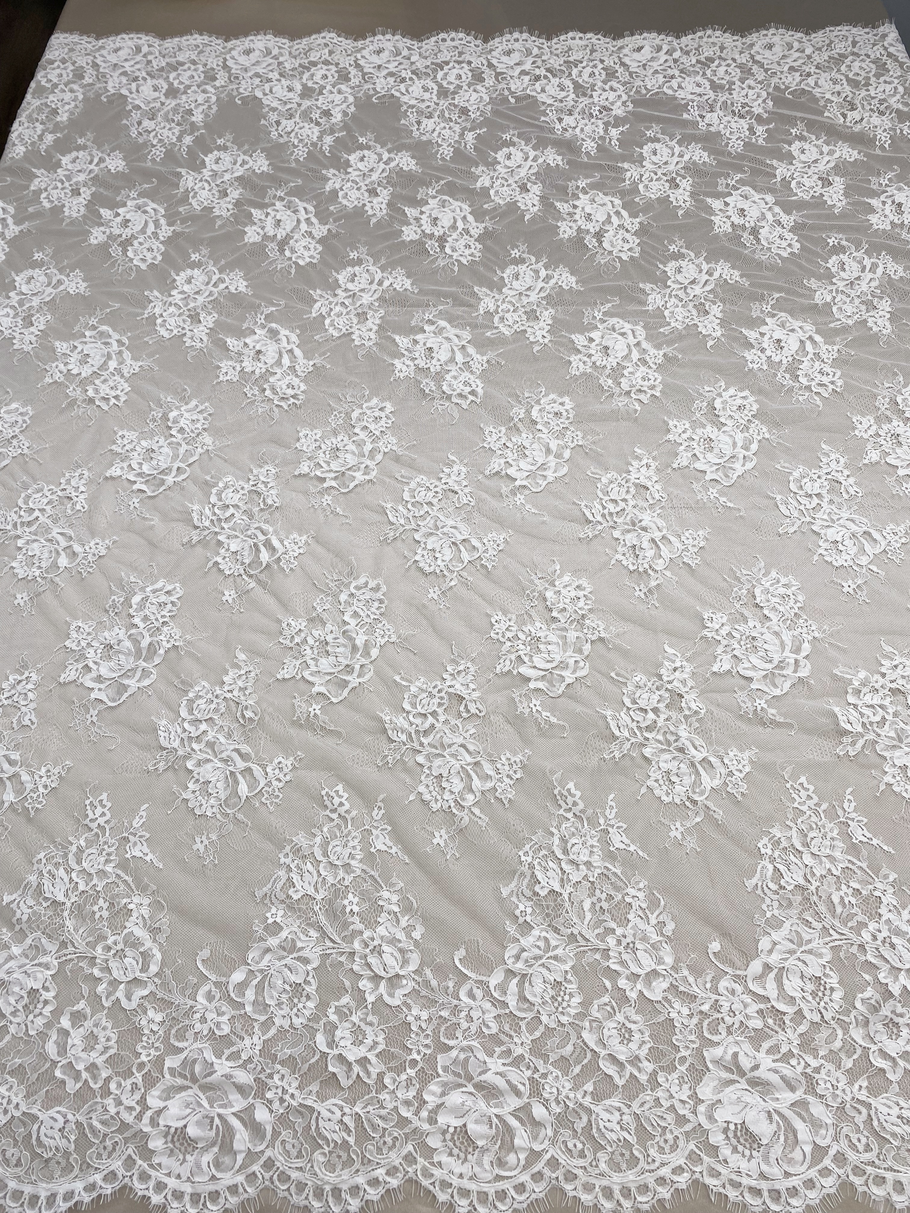 White Corded Floral Alencon Lace Fabric for Bridal Gown, Wedding Dress, DIY Sewing, Bridal Lace with Salloped Edge, 3 Meters/piece
