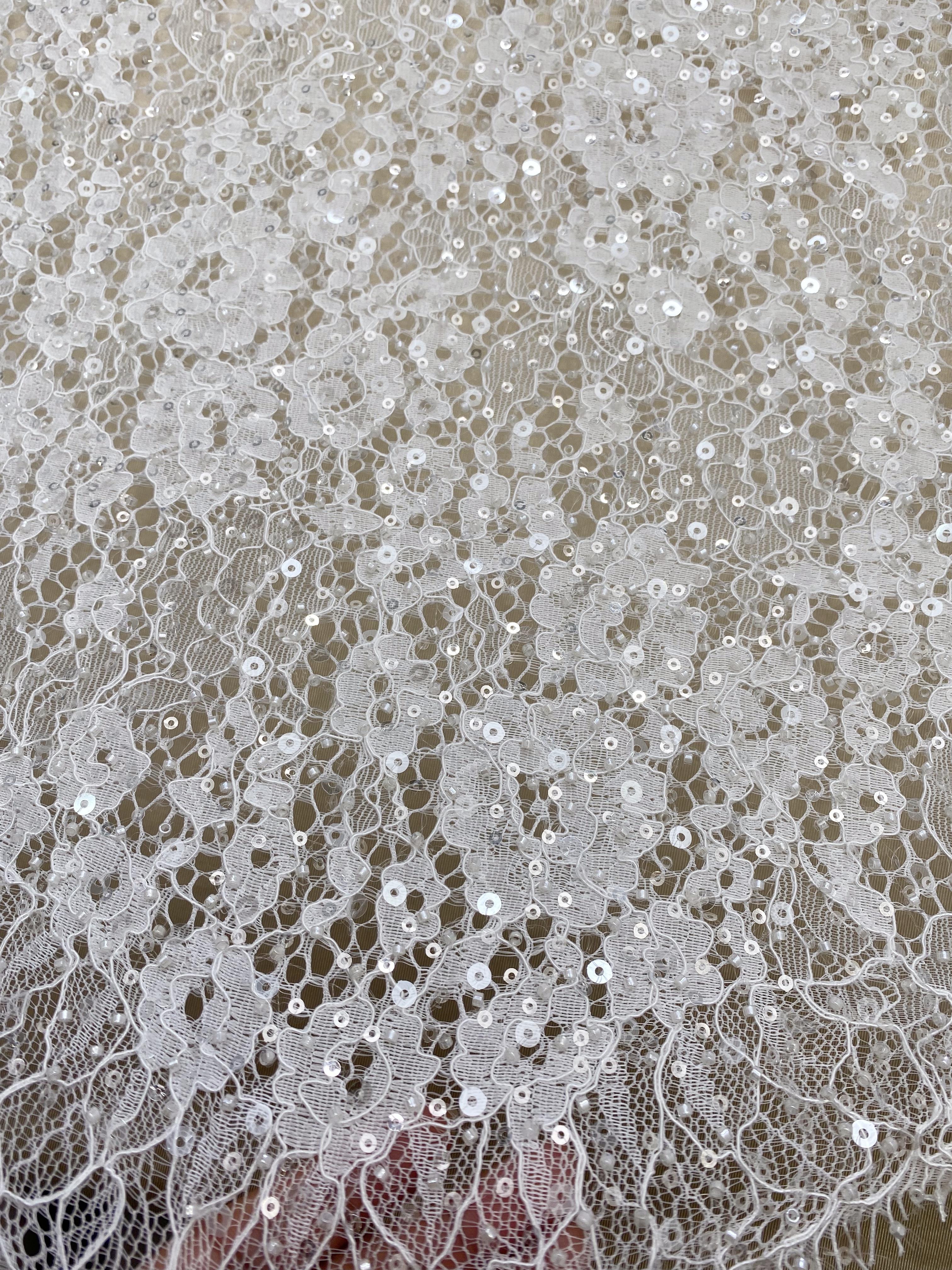 White French Made Beaded Chantilly Lace Fabric Off White Chantilly Lace with Eyelash Fringe Bridal Wedding Gown Material,Sold as 3-Meter Piece