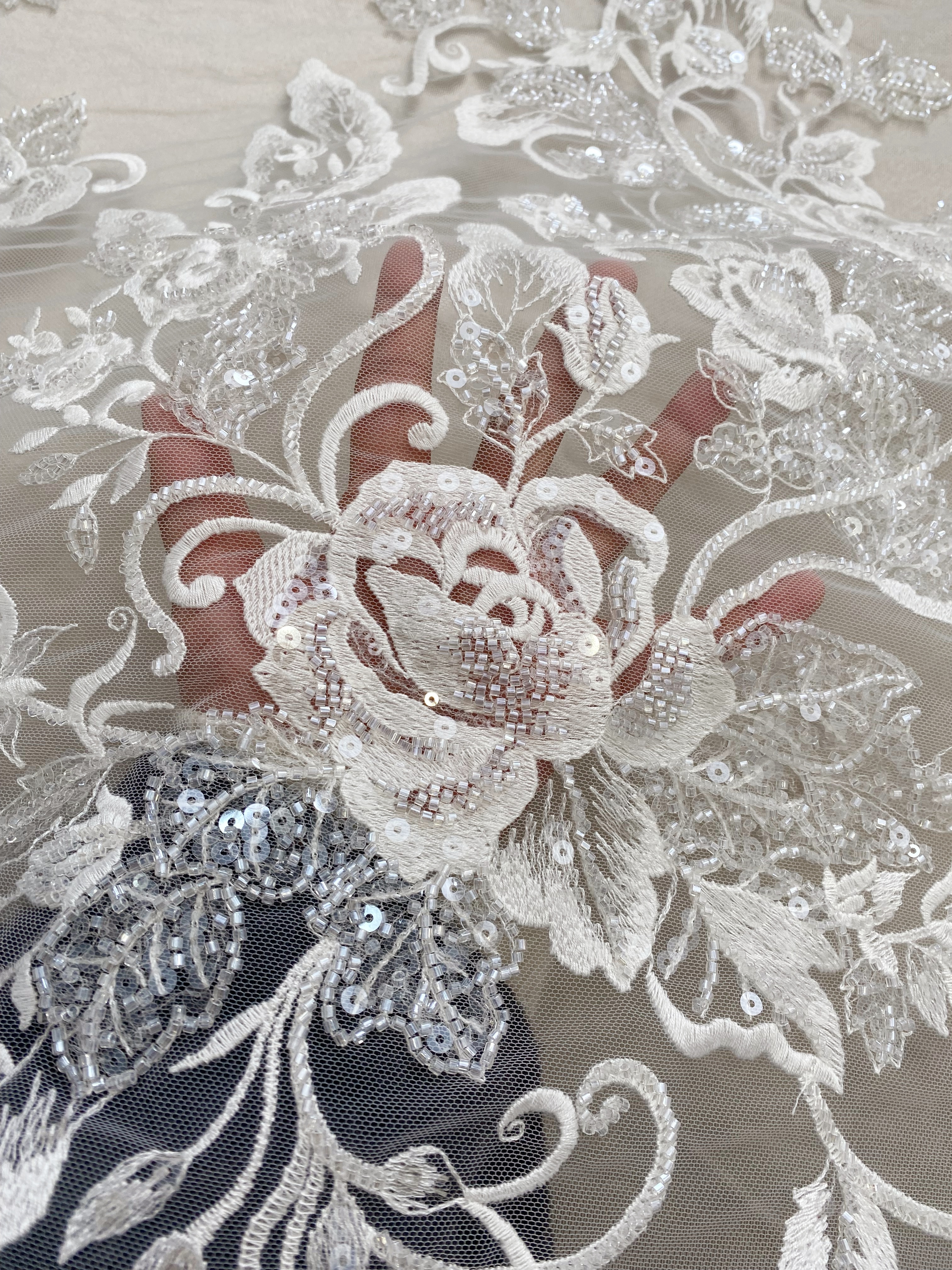 Ivory Floral Embroidered Lace Fabric with Sequins, Large Flower Mesh Lace for Wedding Dress, Bridal Gown, Flower Girl Dress