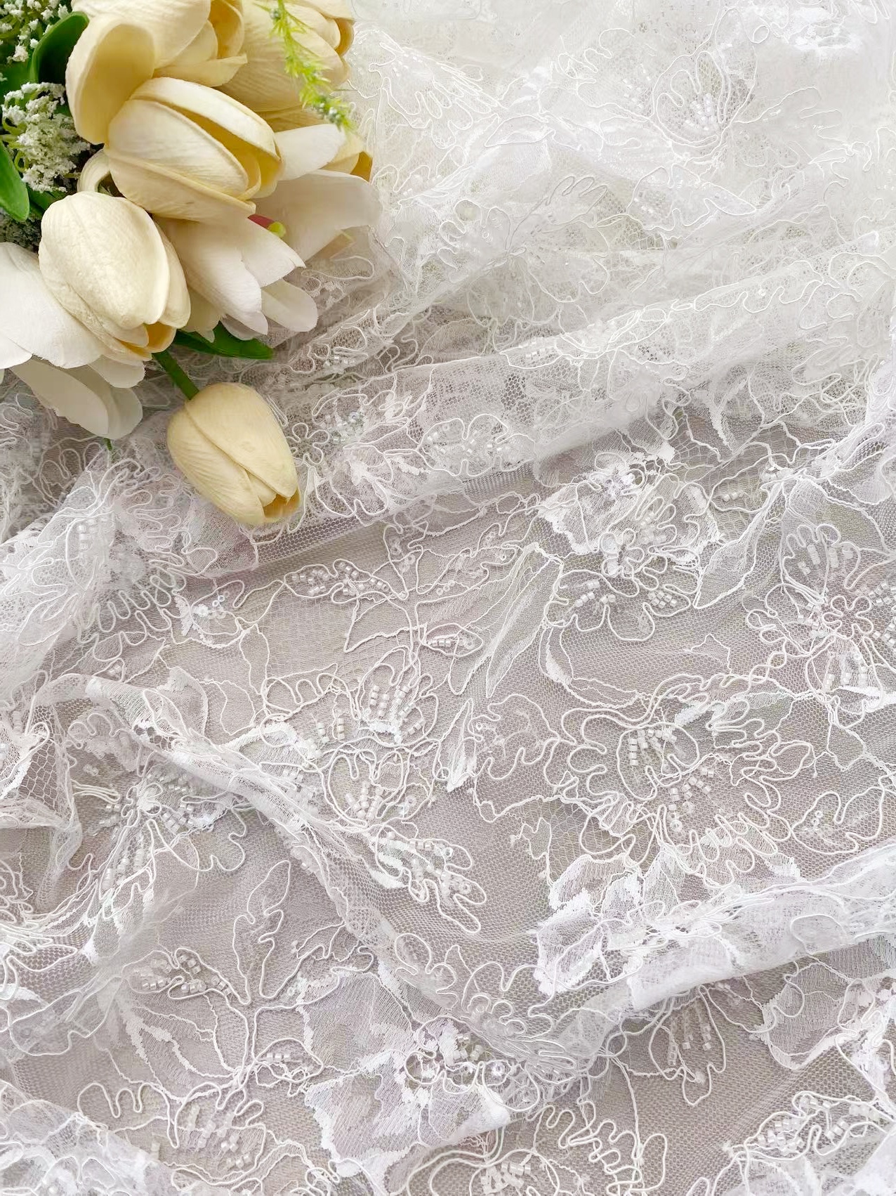 Luxurious Beaded French Chantilly Lace Fabric, Sequin Floral Embroidery Lace for wedding shrugs,bridal gown,Sold by 3 Yard