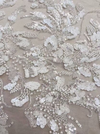 Ivory Lace Fabric with 3D Beaded Embroidery, Pearlescent White Sequins on Soft Tulle for Wedding Dresses, Veils, Capes, Gowns