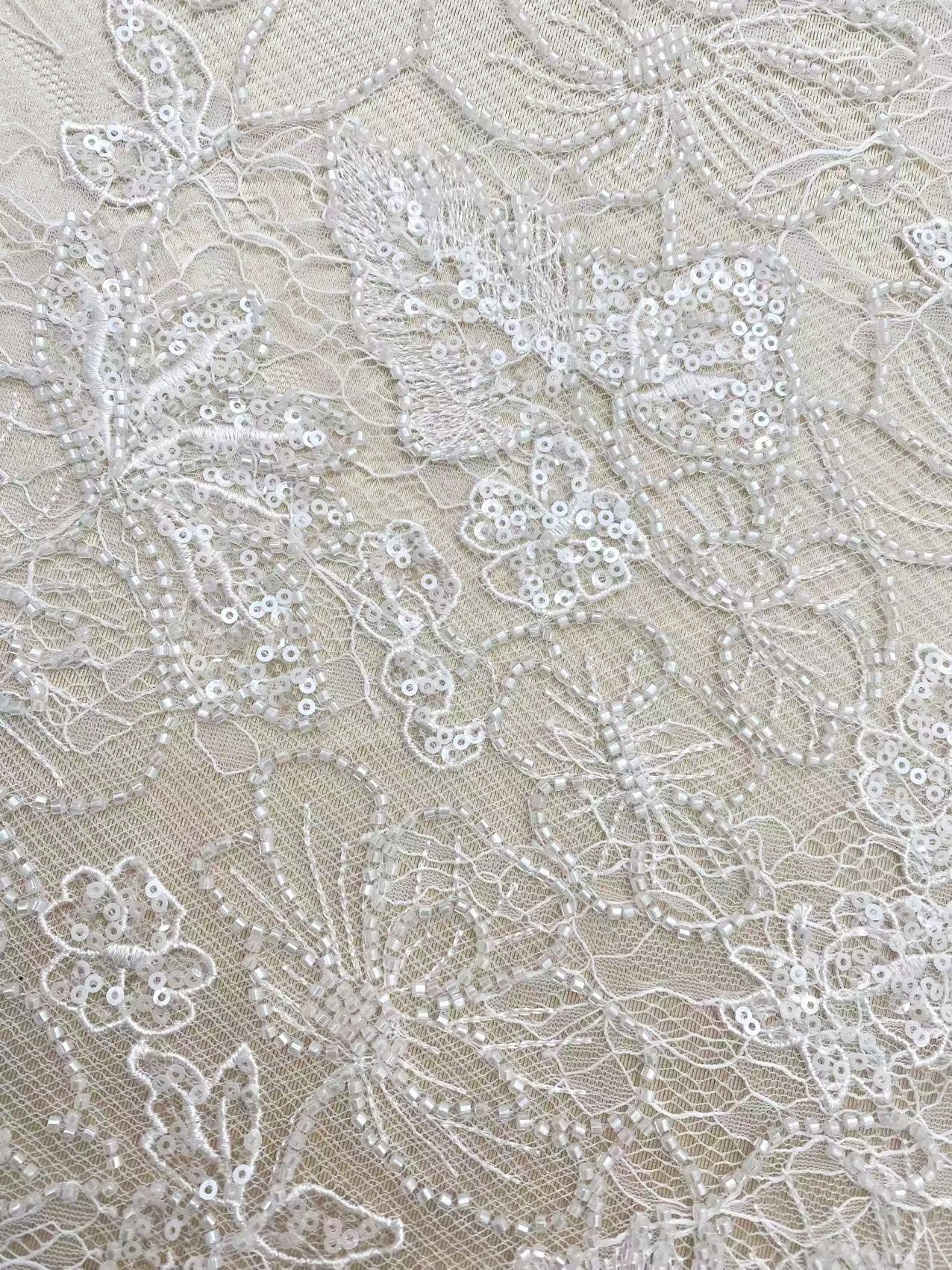 French Chantilly Flower Lace Fabric, White Embroidery Floral Beading Sequin Lace by the Yard for Wedding Dress, Veil, Bridal Gown