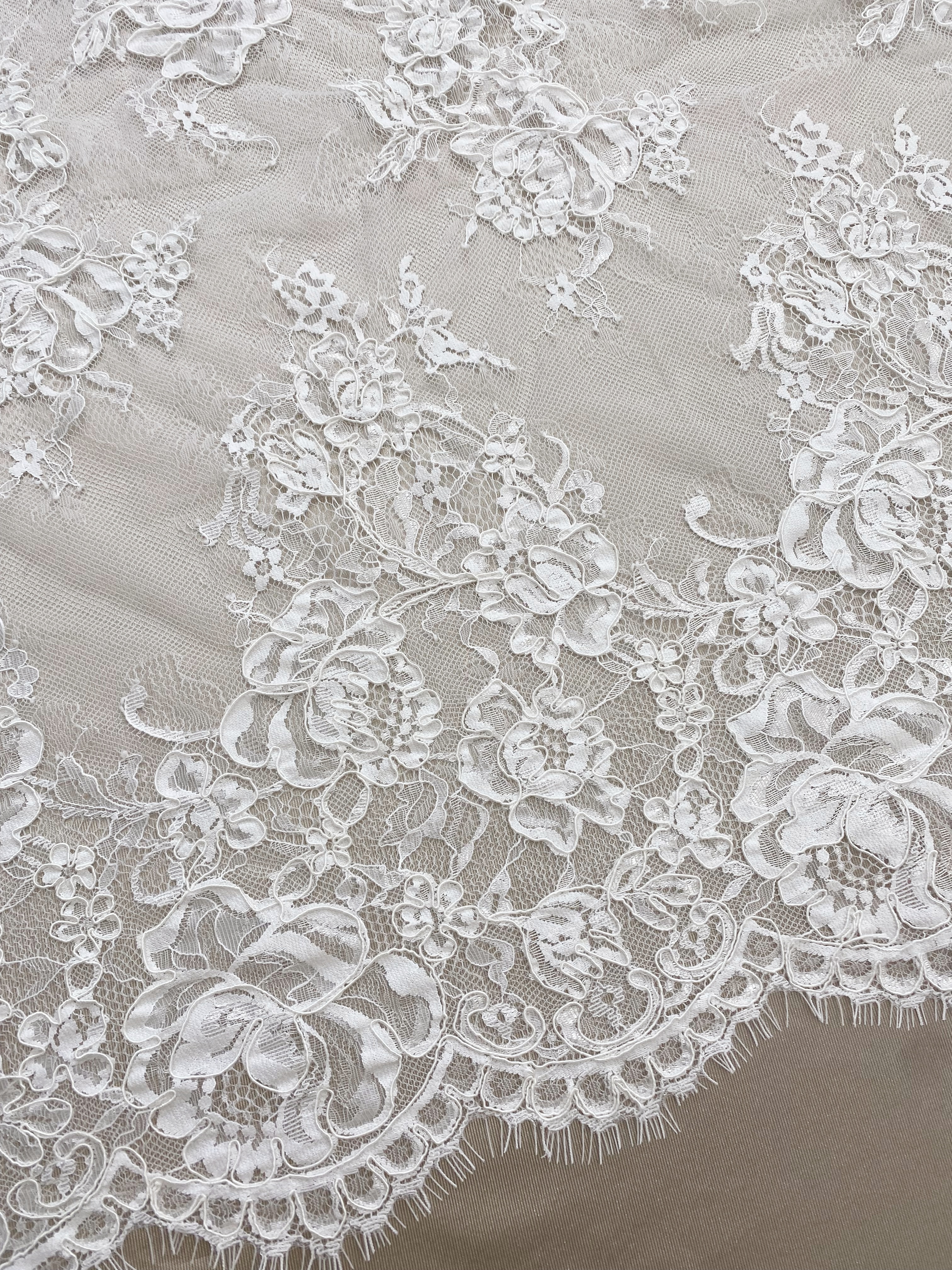 White Corded Floral Alencon Lace Fabric for Bridal Gown, Wedding Dress, DIY Sewing, Bridal Lace with Salloped Edge, 3 Meters/piece