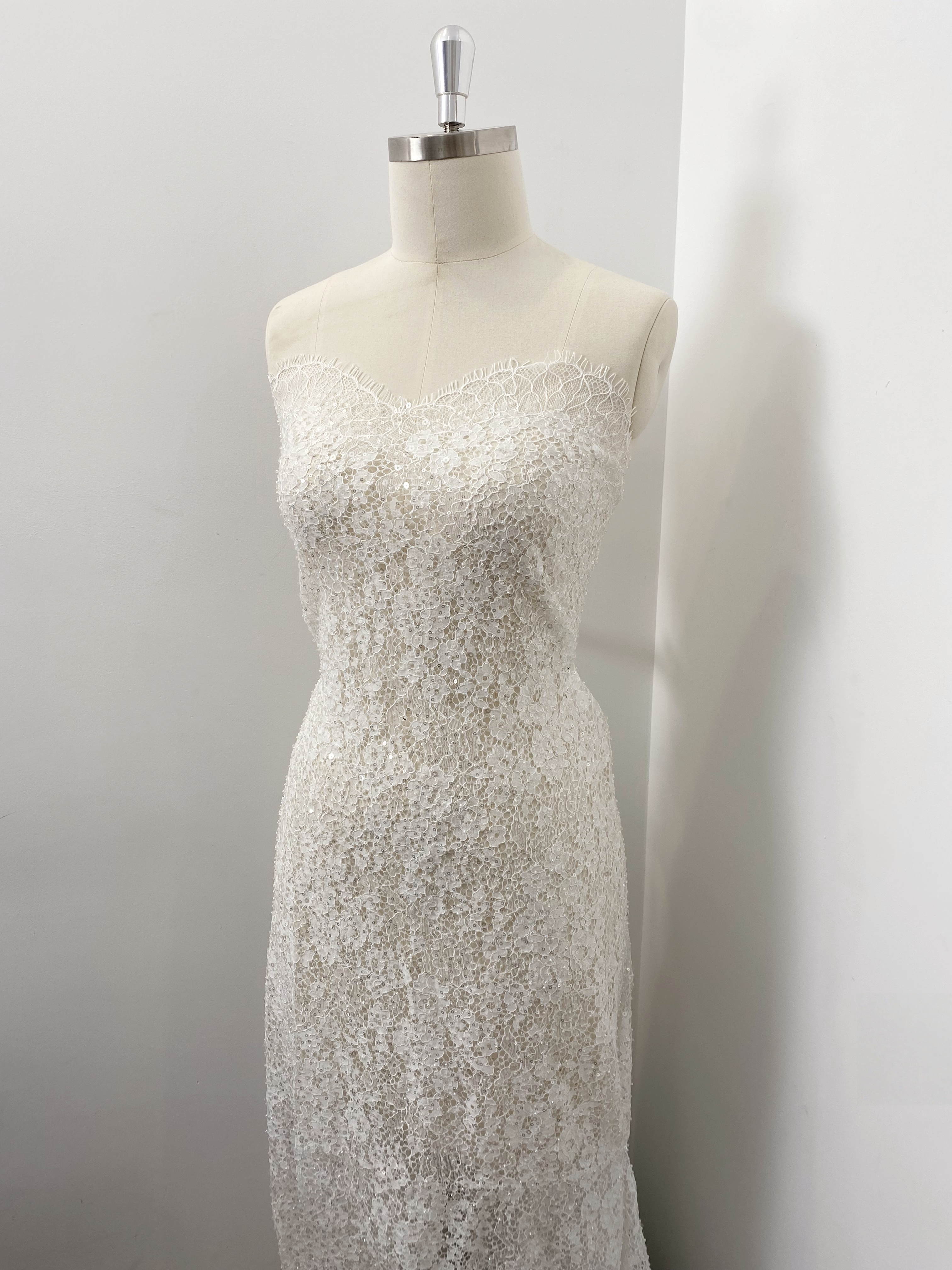 White French Made Beaded Chantilly Lace Fabric Off White Chantilly Lace with Eyelash Fringe Bridal Wedding Gown Material,Sold as 3-Meter Piece