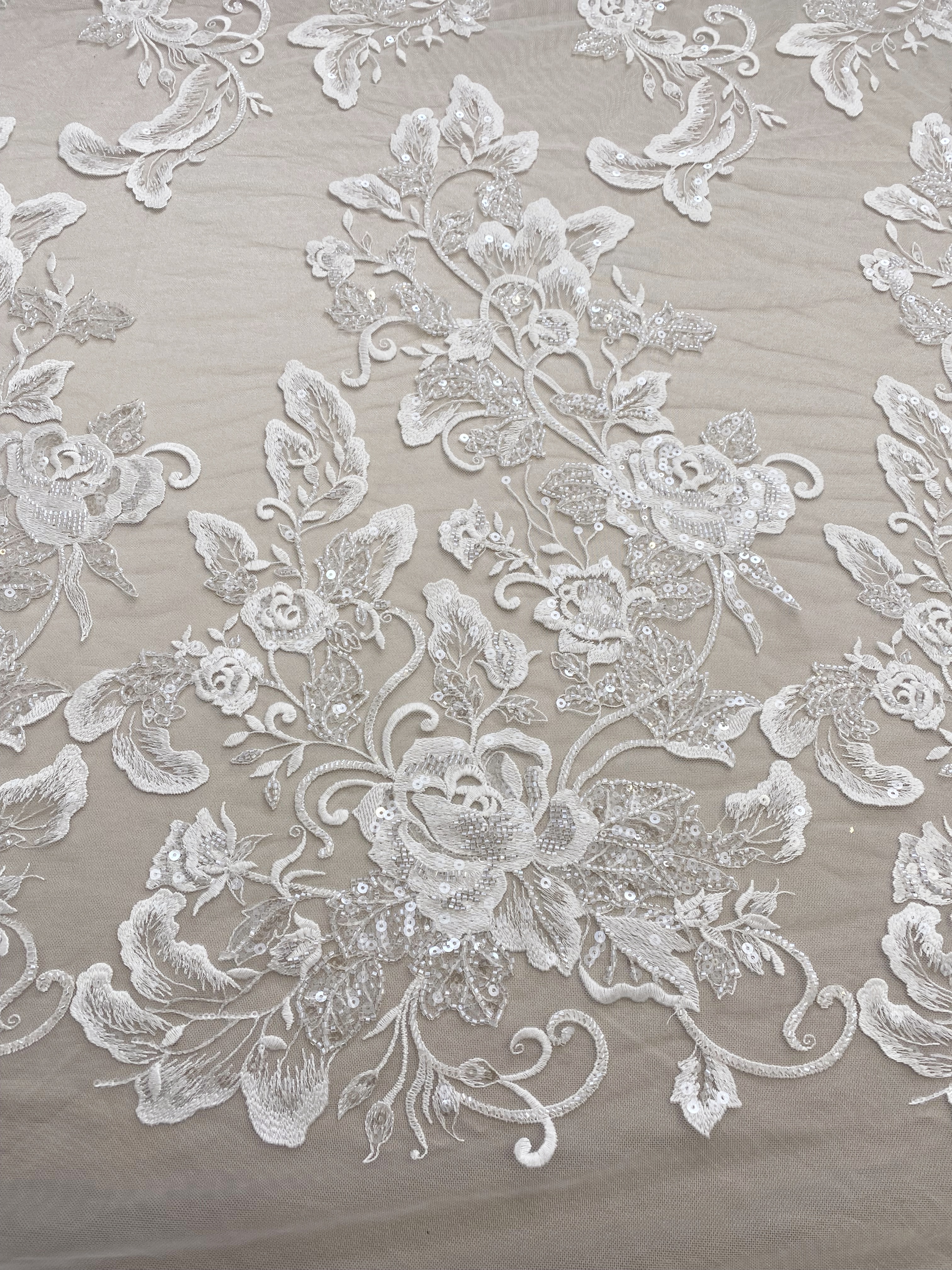 Ivory Floral Embroidered Lace Fabric with Sequins, Large Flower Mesh Lace for Wedding Dress, Bridal Gown, Flower Girl Dress