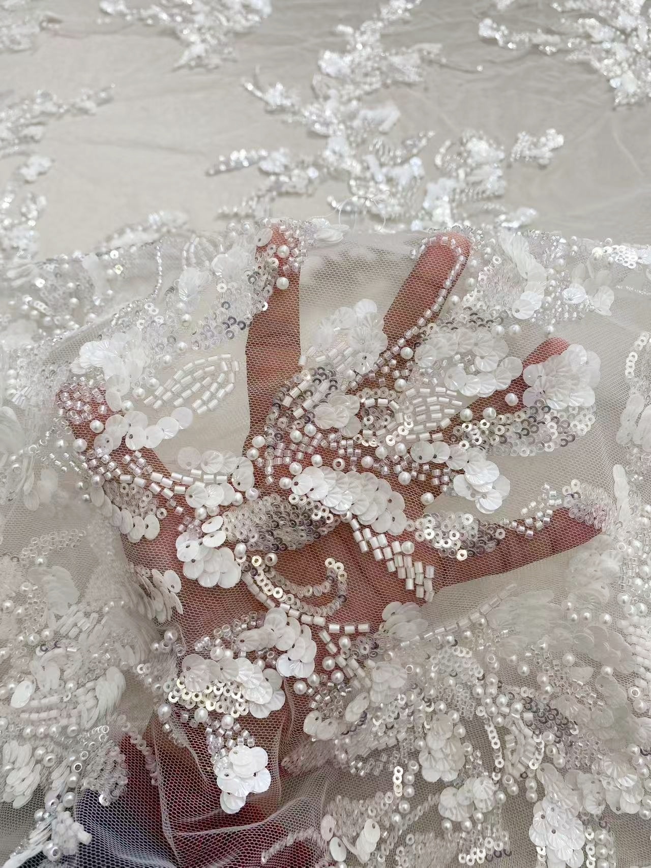 Ivory Lace Fabric with 3D Beaded Embroidery, Pearlescent White Sequins on Soft Tulle for Wedding Dresses, Veils, Capes, Gowns