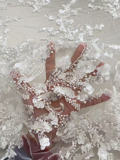 Ivory Lace Fabric with 3D Beaded Embroidery, Pearlescent White Sequins on Soft Tulle for Wedding Dresses, Veils, Capes, Gowns