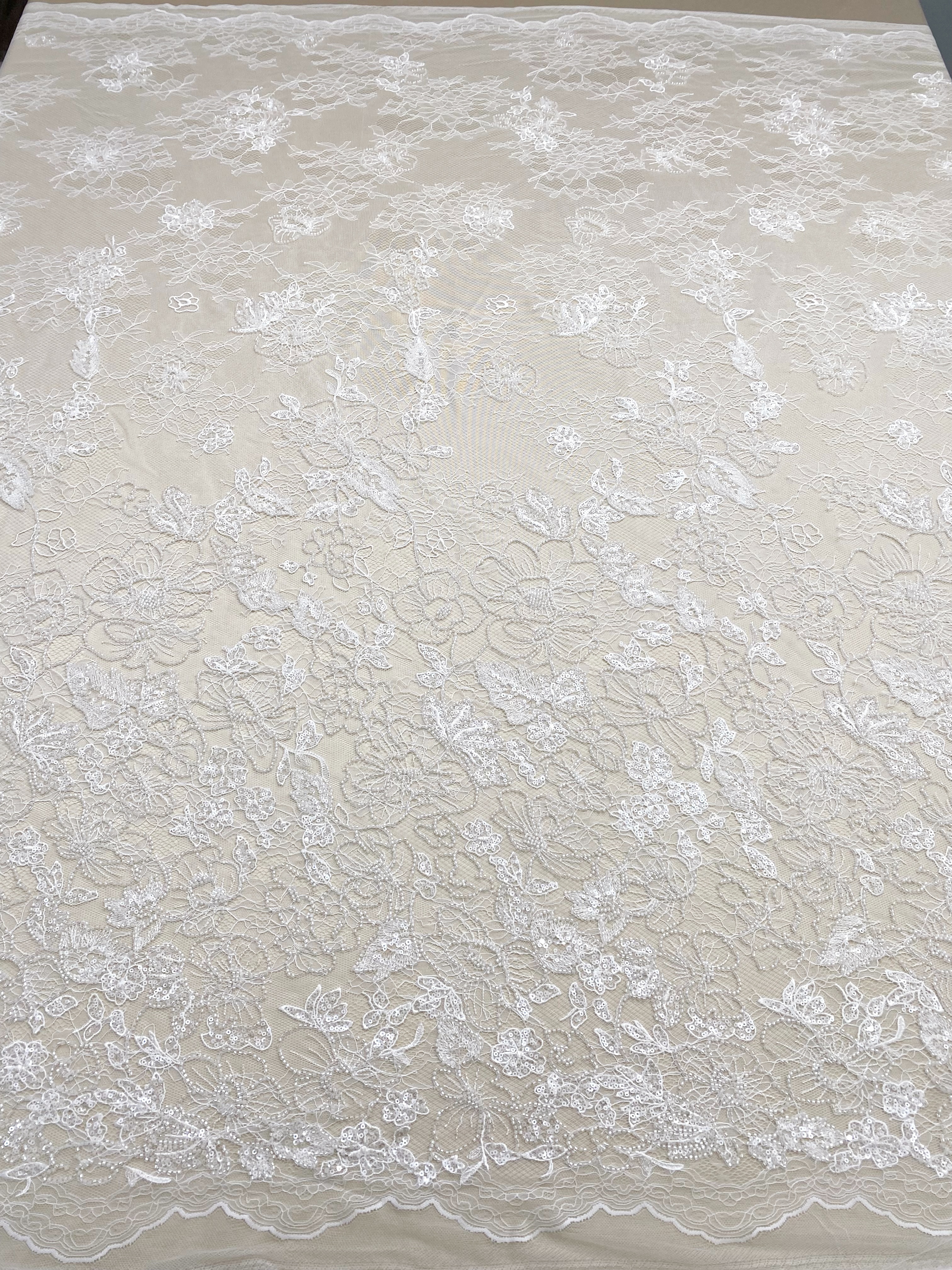 French Chantilly Flower Lace Fabric, White Embroidery Floral Beading Sequin Lace by the Yard for Wedding Dress, Veil, Bridal Gown