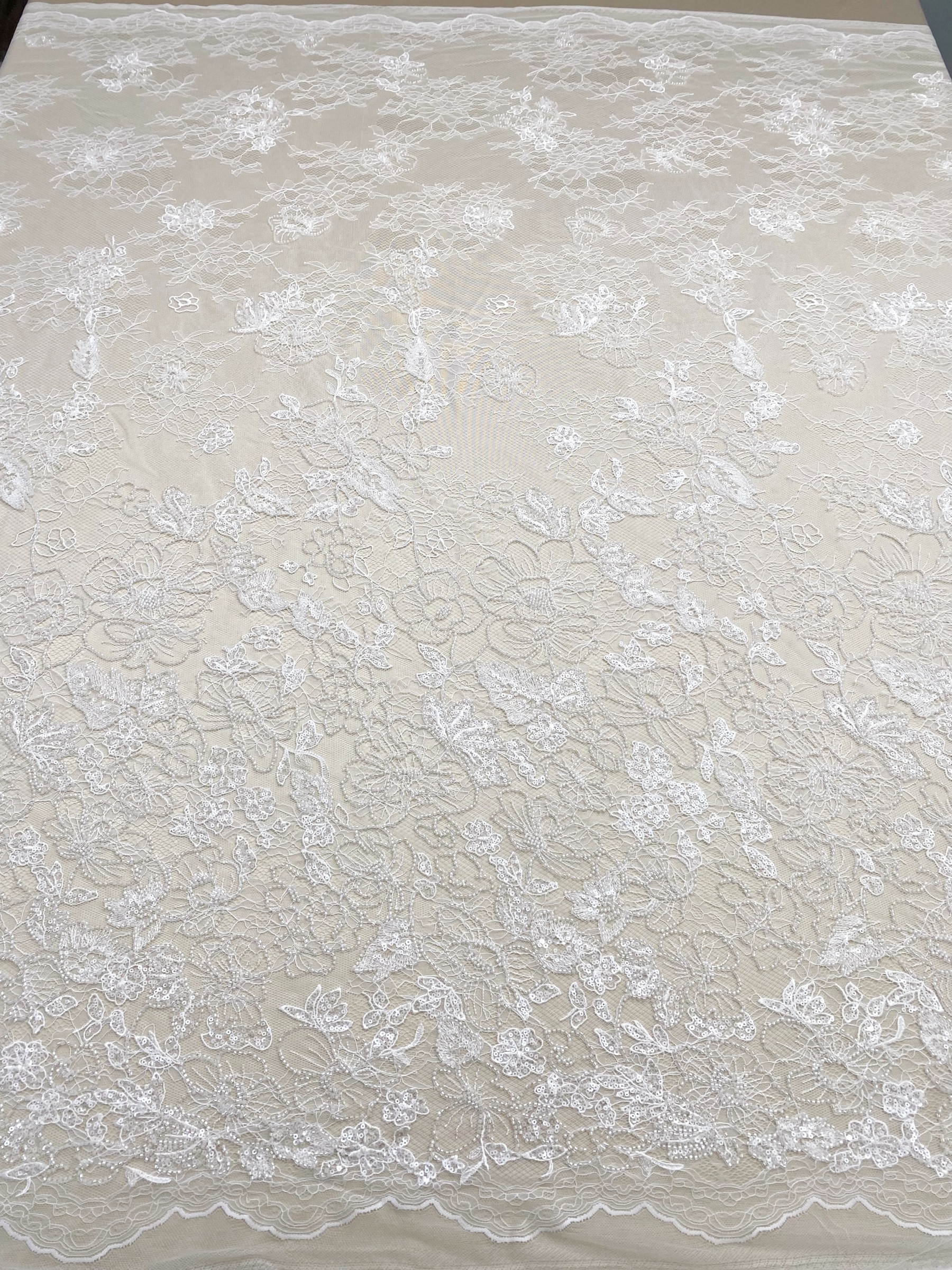 French Chantilly Flower Lace Fabric, White Embroidery Floral Beading Sequin Lace by the Yard for Wedding Dress, Veil, Bridal Gown