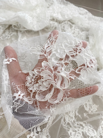 White Corded Floral Alencon Lace Fabric for Bridal Gown, Wedding Dress, DIY Sewing, Bridal Lace with Salloped Edge, 3 Meters/piece