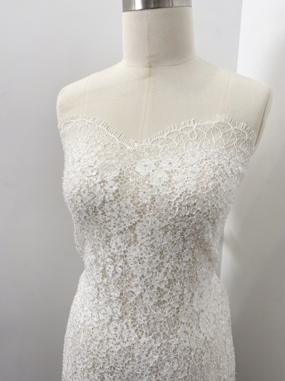 White French Made Beaded Chantilly Lace Fabric Off White Chantilly Lace with Eyelash Fringe Bridal Wedding Gown Material,Sold as 3-Meter Piece