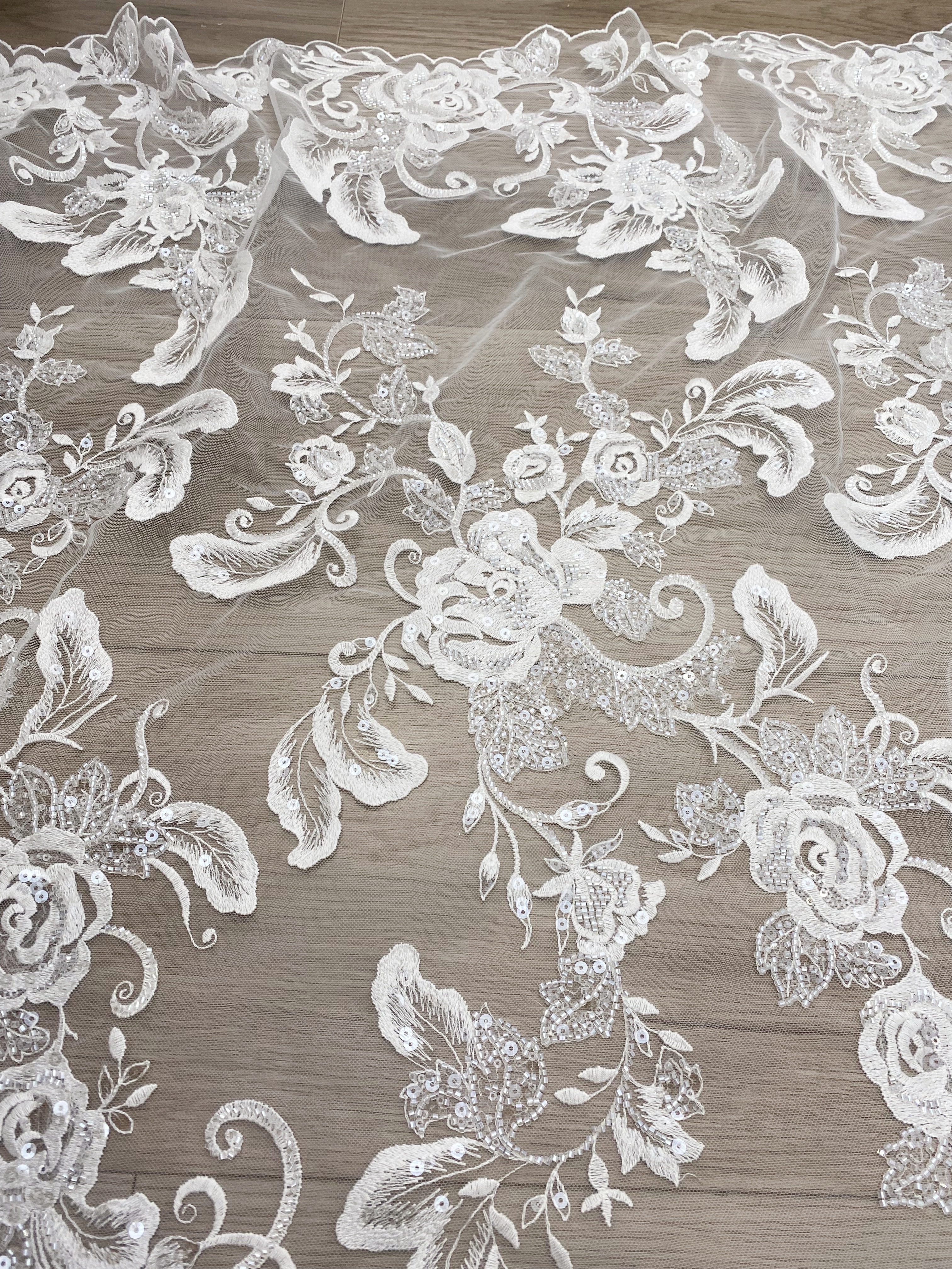 Ivory Floral Embroidered Lace Fabric with Sequins, Large Flower Mesh Lace for Wedding Dress, Bridal Gown, Flower Girl Dress