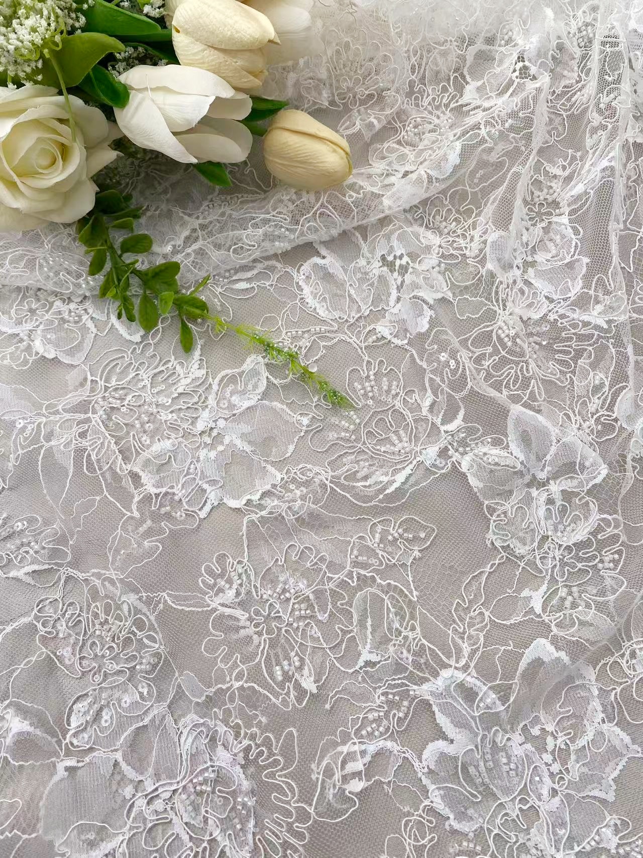 Luxurious Beaded French Chantilly Lace Fabric, Sequin Floral Embroidery Lace for wedding shrugs,bridal gown,Sold by 3 Yard