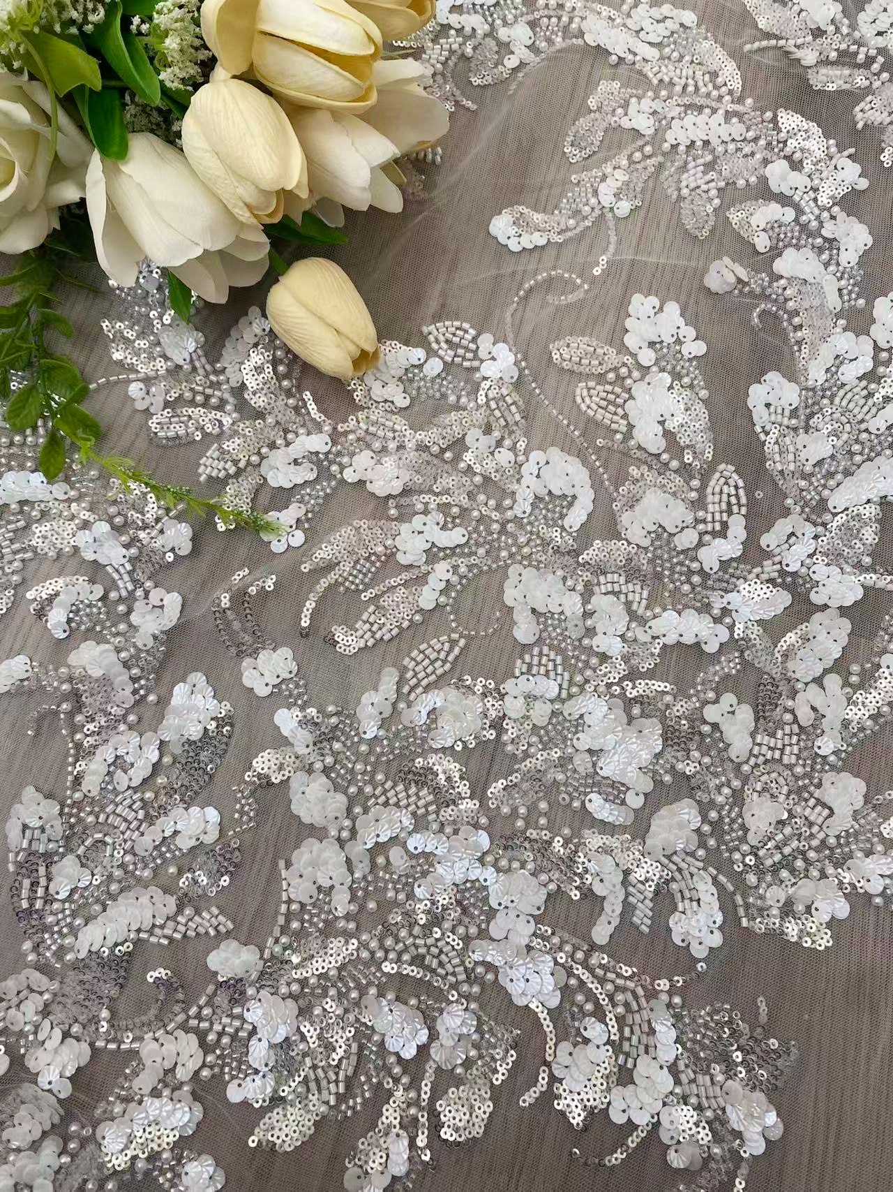 Ivory Lace Fabric with 3D Beaded Embroidery, Pearlescent White Sequins on Soft Tulle for Wedding Dresses, Veils, Capes, Gowns