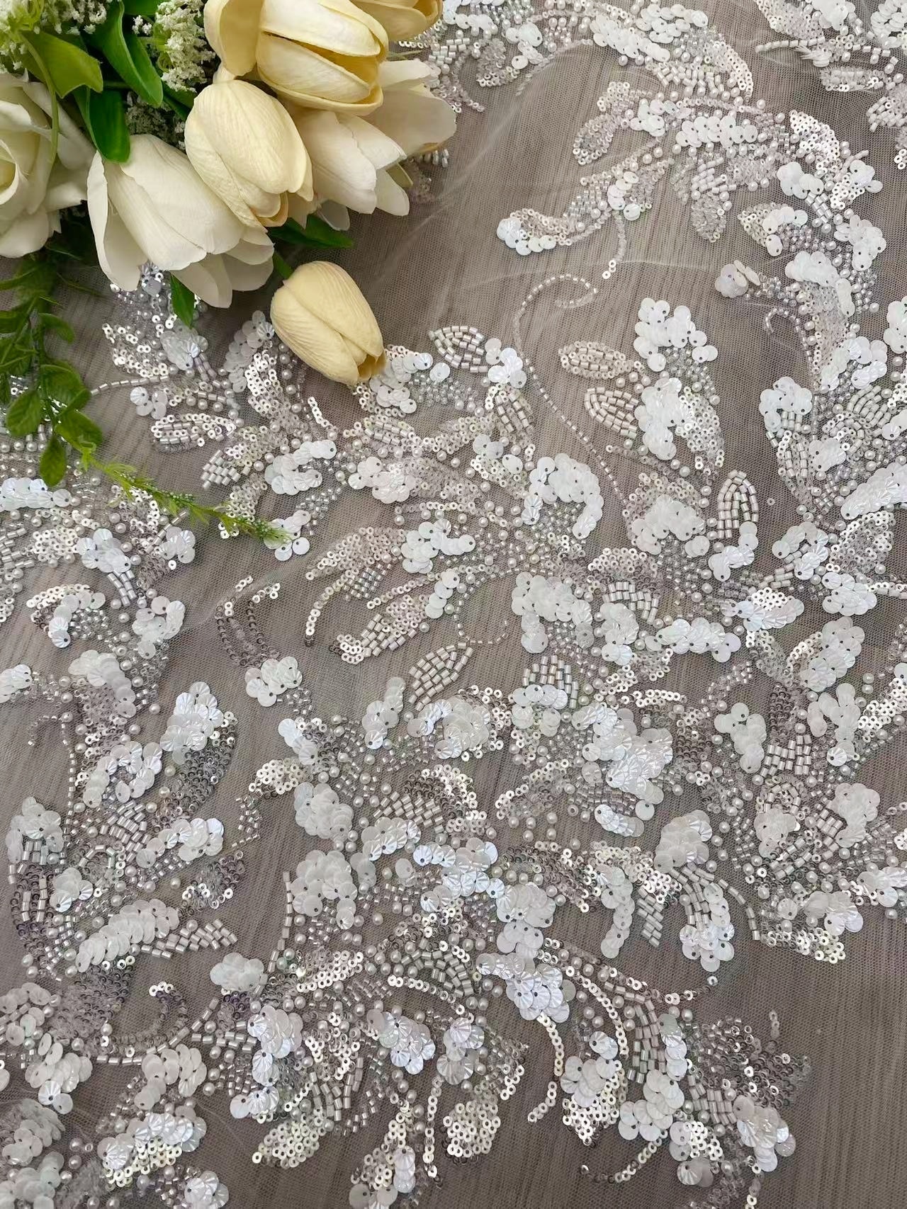 Ivory Lace Fabric with 3D Beaded Embroidery, Pearlescent White Sequins on Soft Tulle for Wedding Dresses, Veils, Capes, Gowns
