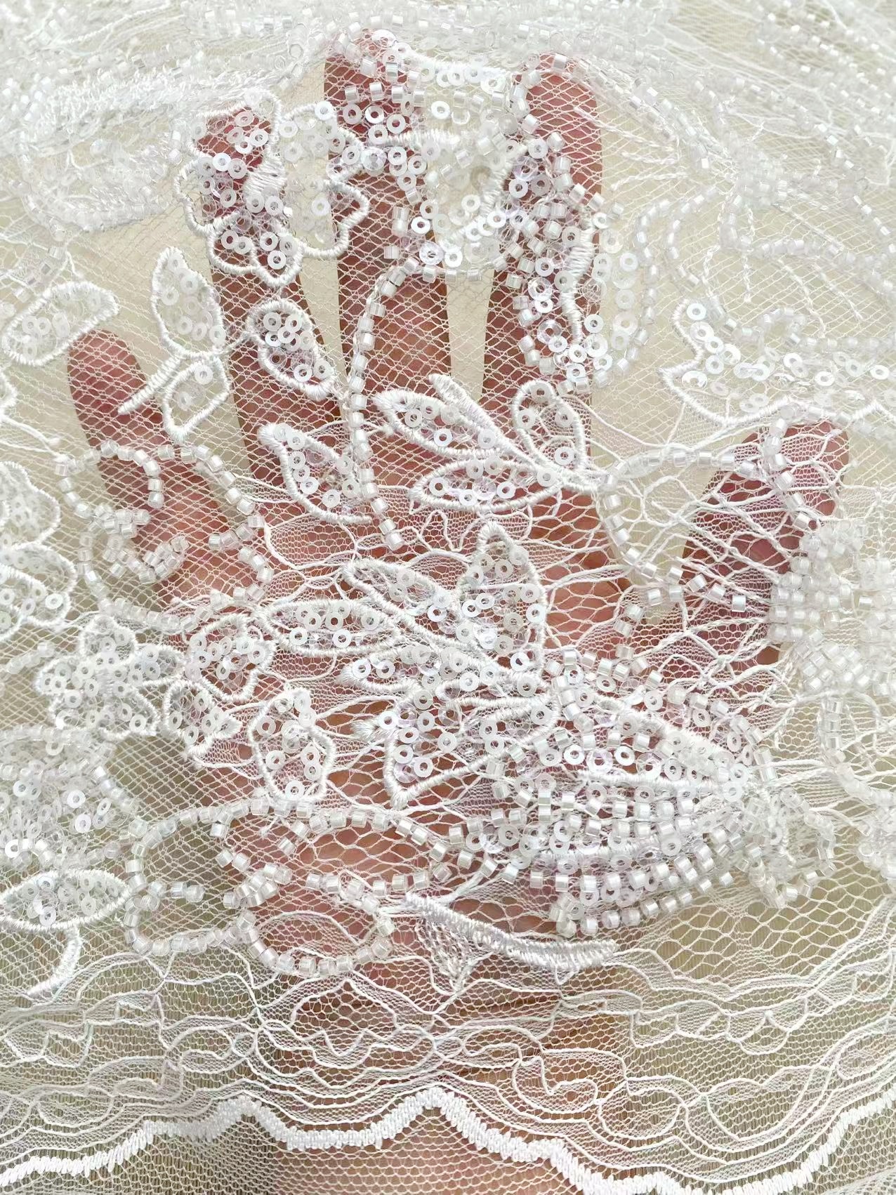 French Chantilly Flower Lace Fabric, White Embroidery Floral Beading Sequin Lace by the Yard for Wedding Dress, Veil, Bridal Gown