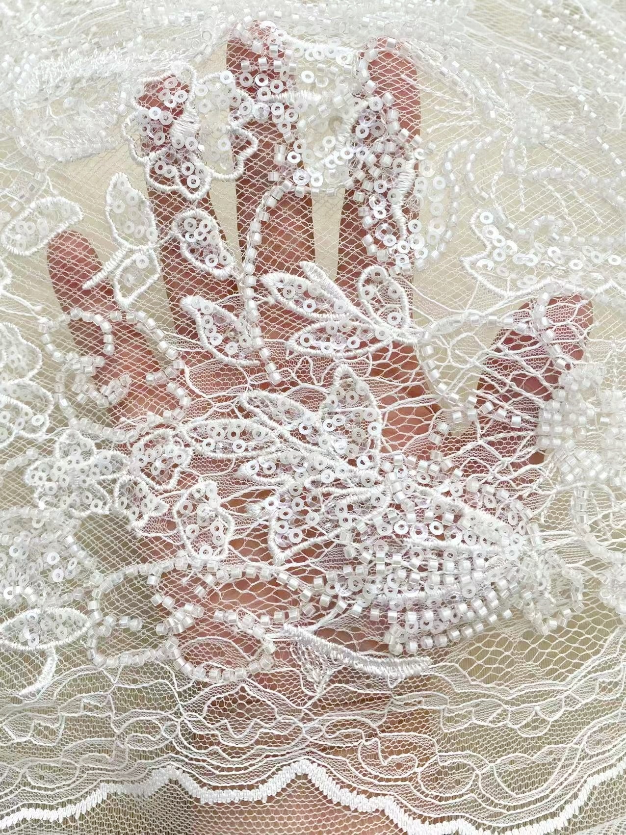 French Chantilly Flower Lace Fabric, White Embroidery Floral Beading Sequin Lace by the Yard for Wedding Dress, Veil, Bridal Gown