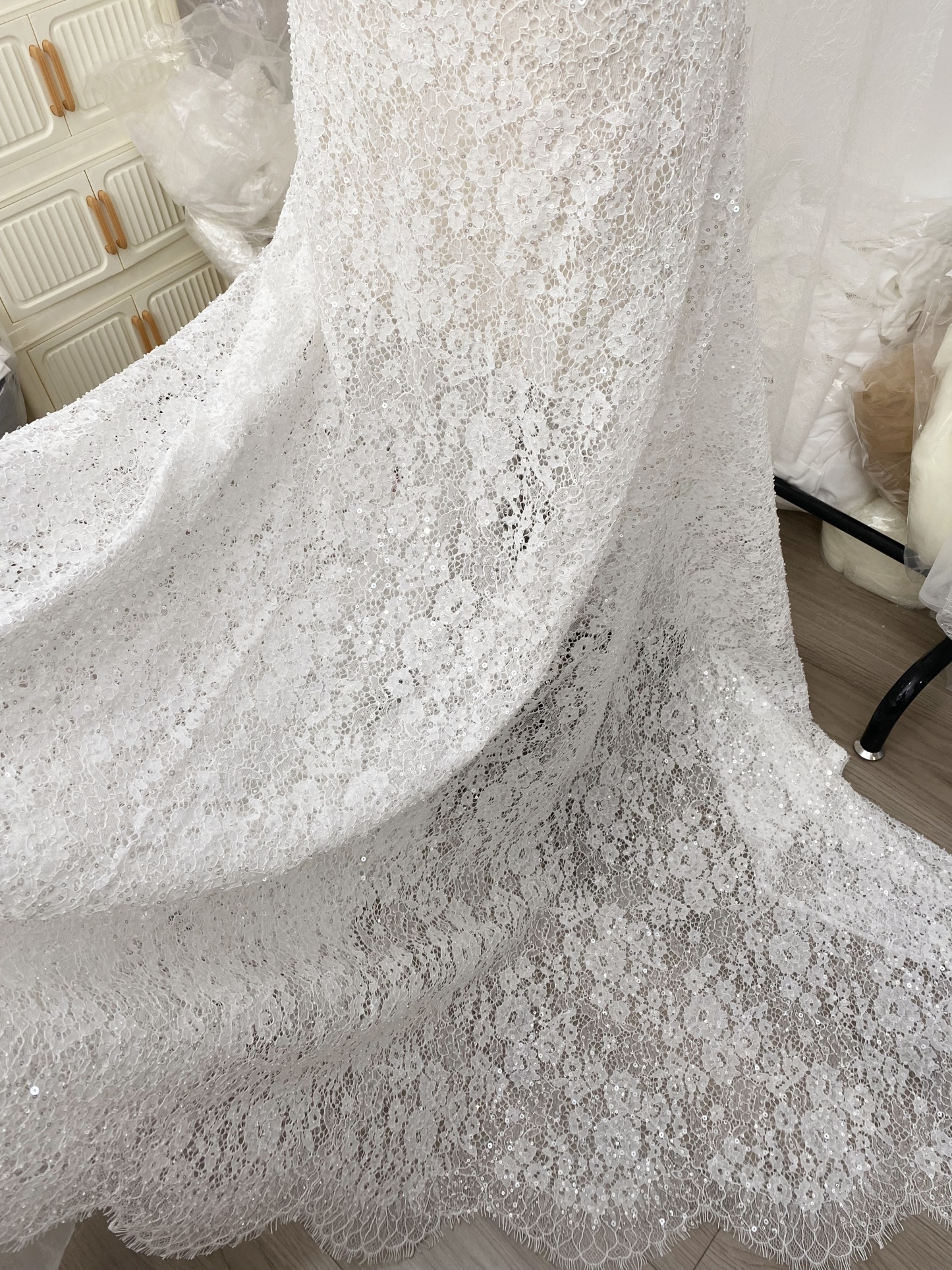 White French Made Beaded Chantilly Lace Fabric Off White Chantilly Lace with Eyelash Fringe Bridal Wedding Gown Material,Sold as 3-Meter Piece