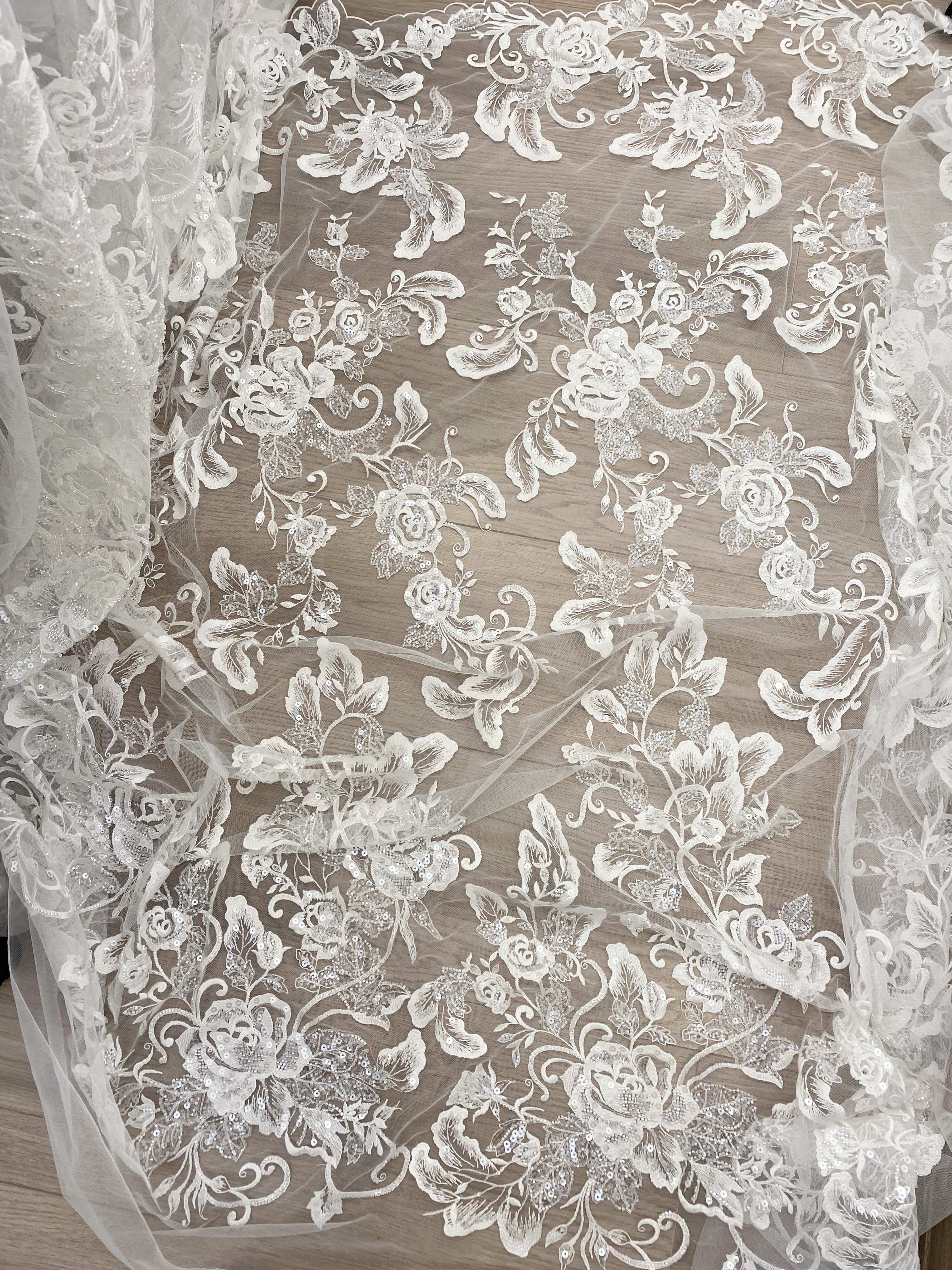 Ivory Floral Embroidered Lace Fabric with Sequins, Large Flower Mesh Lace for Wedding Dress, Bridal Gown, Flower Girl Dress