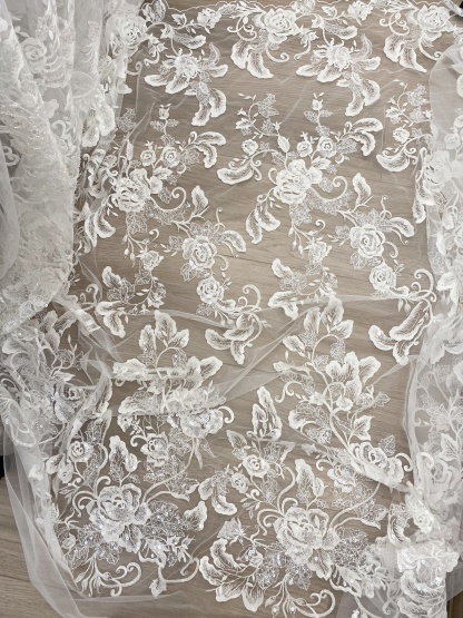 Ivory Floral Embroidered Lace Fabric with Sequins, Large Flower Mesh Lace for Wedding Dress, Bridal Gown, Flower Girl Dress
