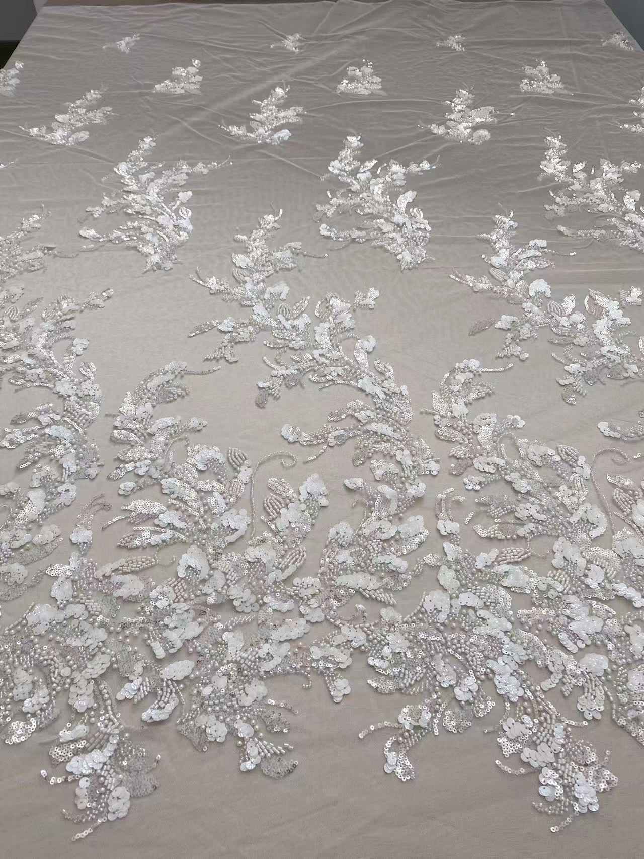 Ivory Lace Fabric with 3D Beaded Embroidery, Pearlescent White Sequins on Soft Tulle for Wedding Dresses, Veils, Capes, Gowns