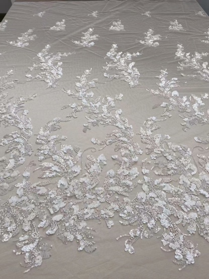 Ivory Lace Fabric with 3D Beaded Embroidery, Pearlescent White Sequins on Soft Tulle for Wedding Dresses, Veils, Capes, Gowns