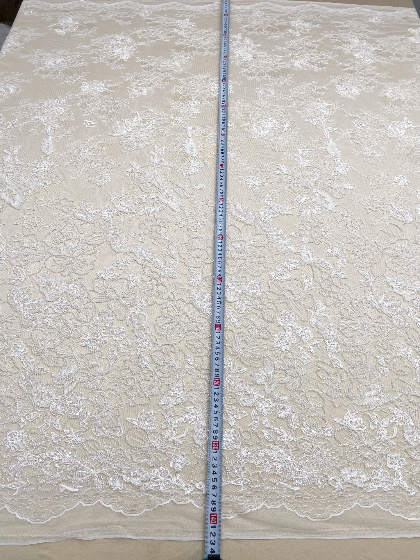 French Chantilly Flower Lace Fabric, White Embroidery Floral Beading Sequin Lace by the Yard for Wedding Dress, Veil, Bridal Gown