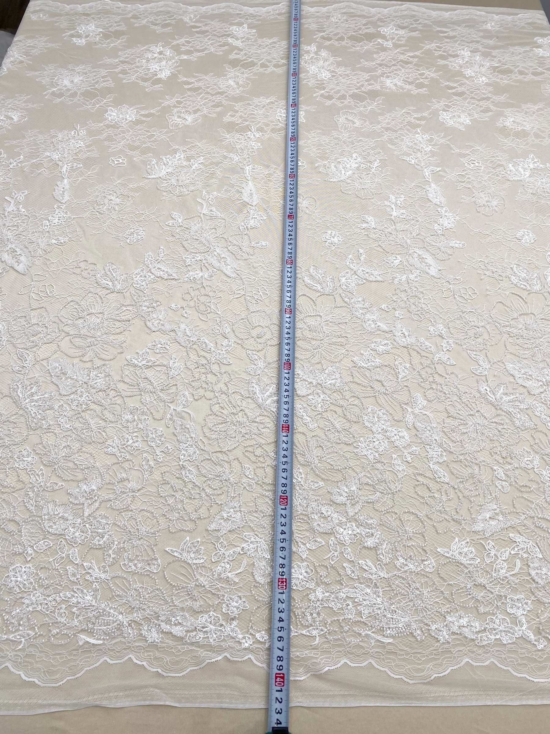 French Chantilly Flower Lace Fabric, White Embroidery Floral Beading Sequin Lace by the Yard for Wedding Dress, Veil, Bridal Gown