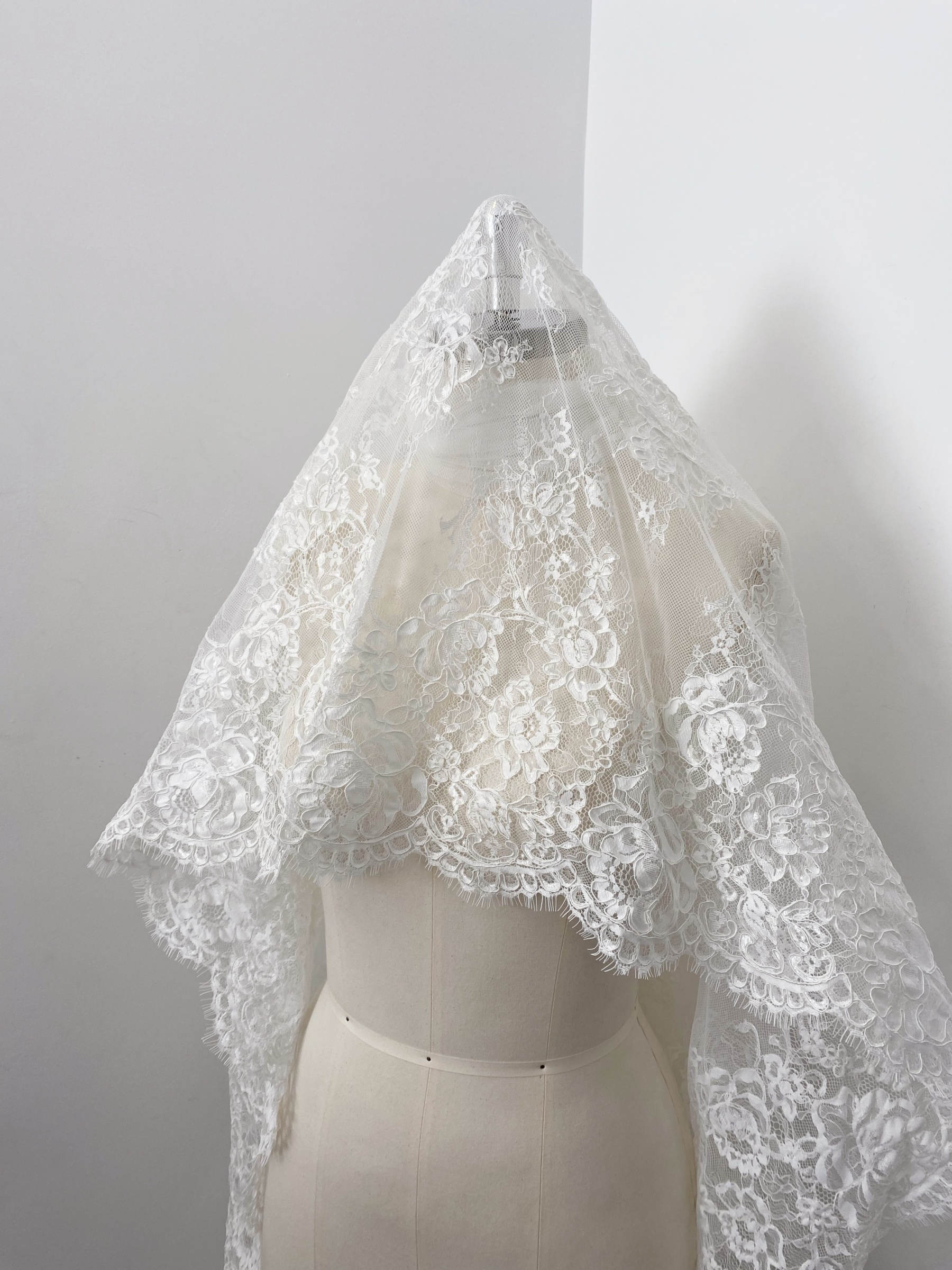 White Corded Floral Alencon Lace Fabric for Bridal Gown, Wedding Dress, DIY Sewing, Bridal Lace with Salloped Edge, 3 Meters/piece